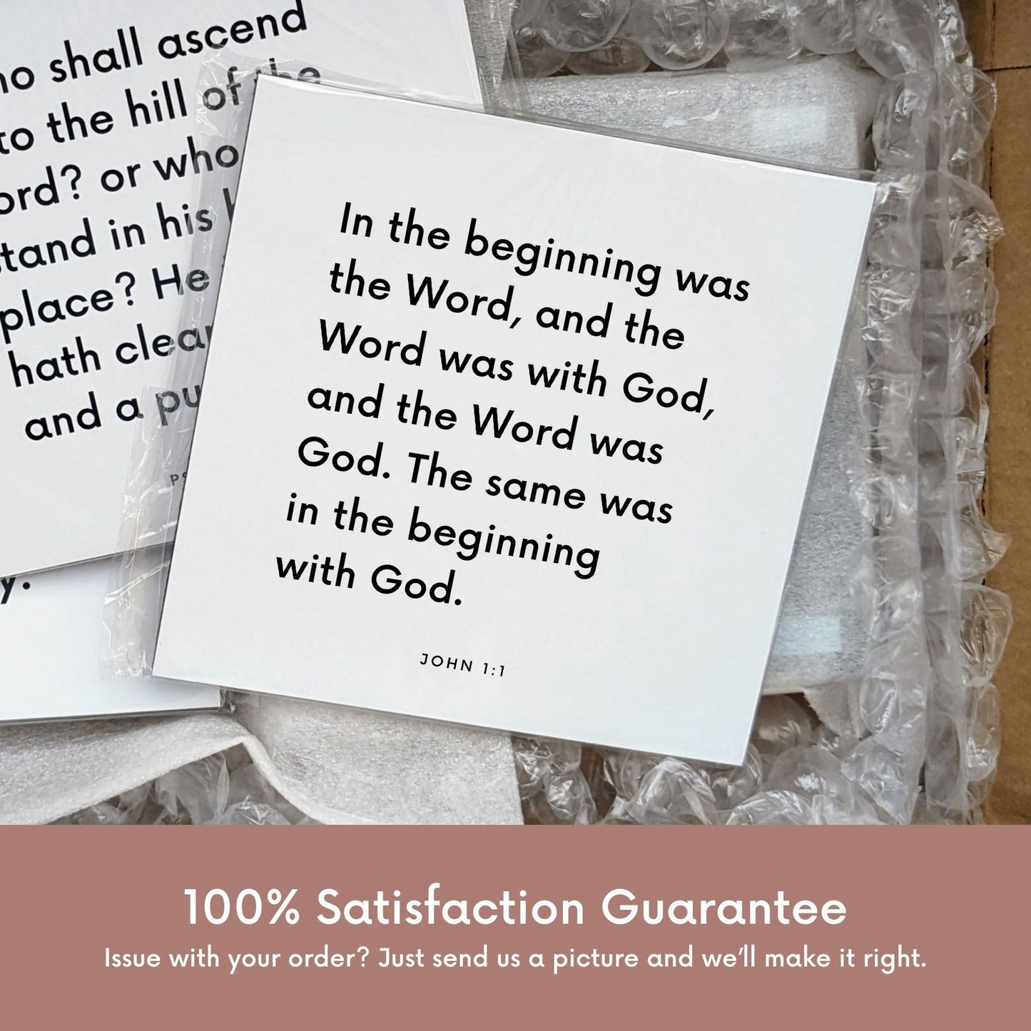 Shipping materials for scripture tile of John 1:1 - "In the beginning was the Word, and the Word was with God"