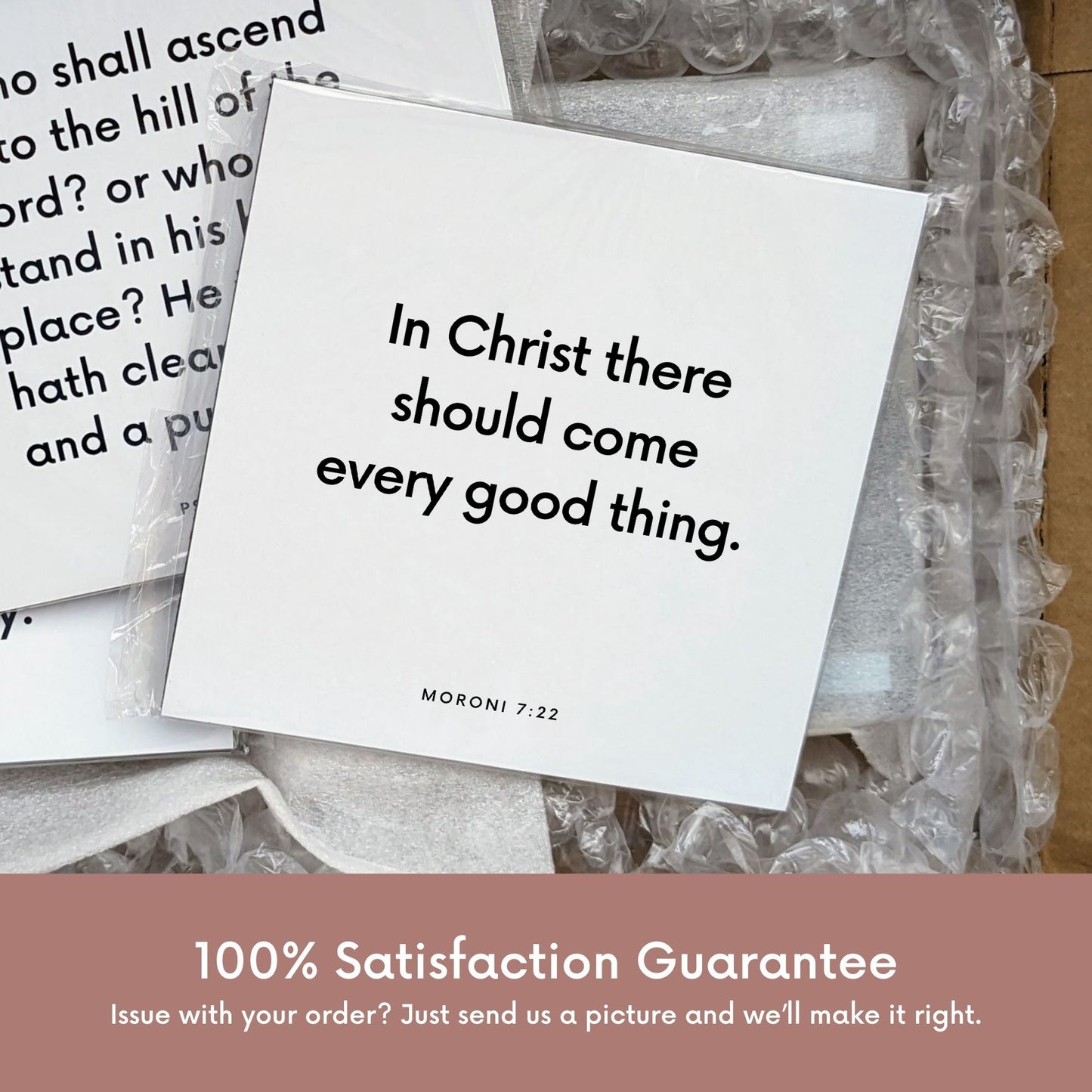 Shipping materials for scripture tile of Moroni 7:22 - "In Christ there should come every good thing"