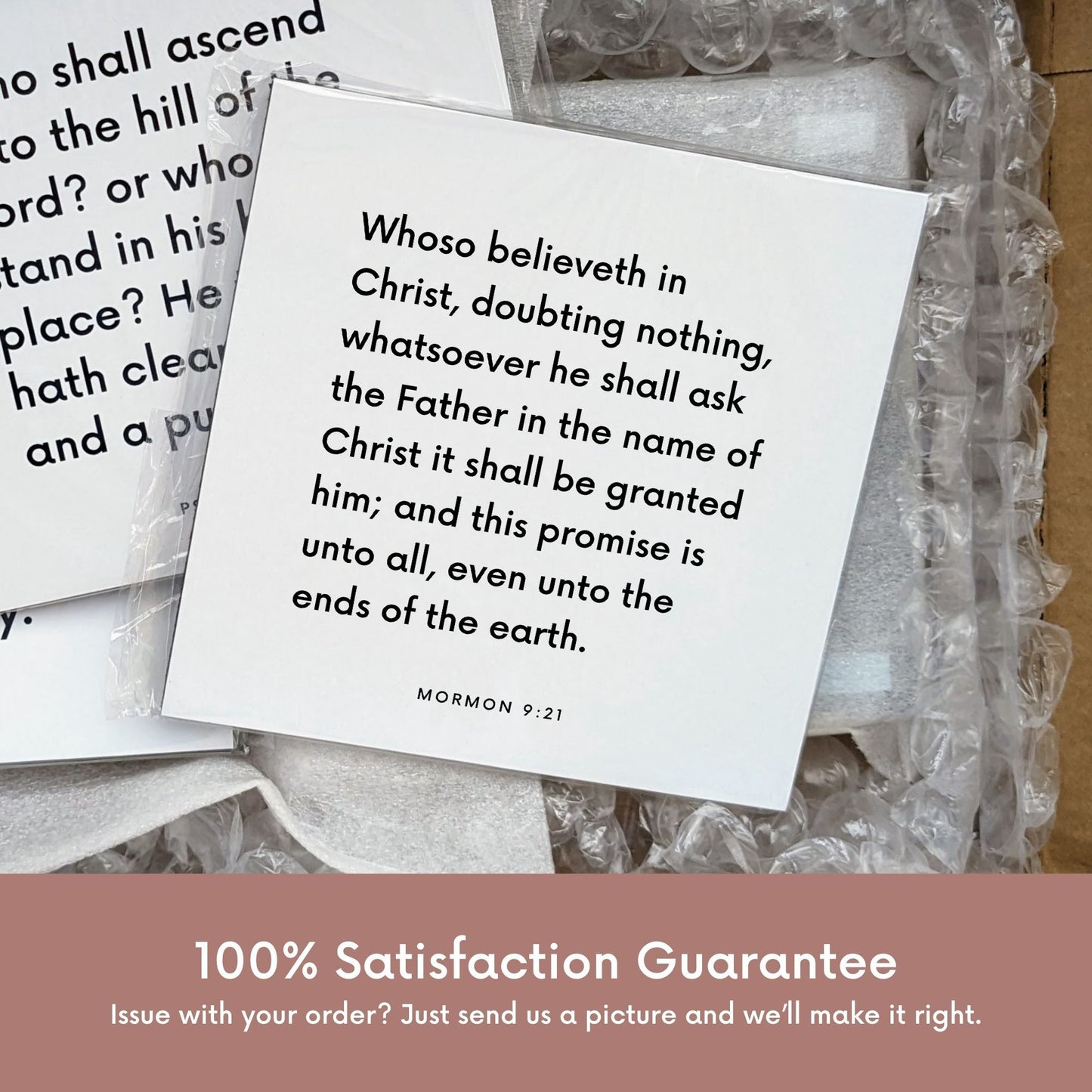 Shipping materials for scripture tile of Mormon 9:21 - "Whoso believeth in Christ, doubting nothing"