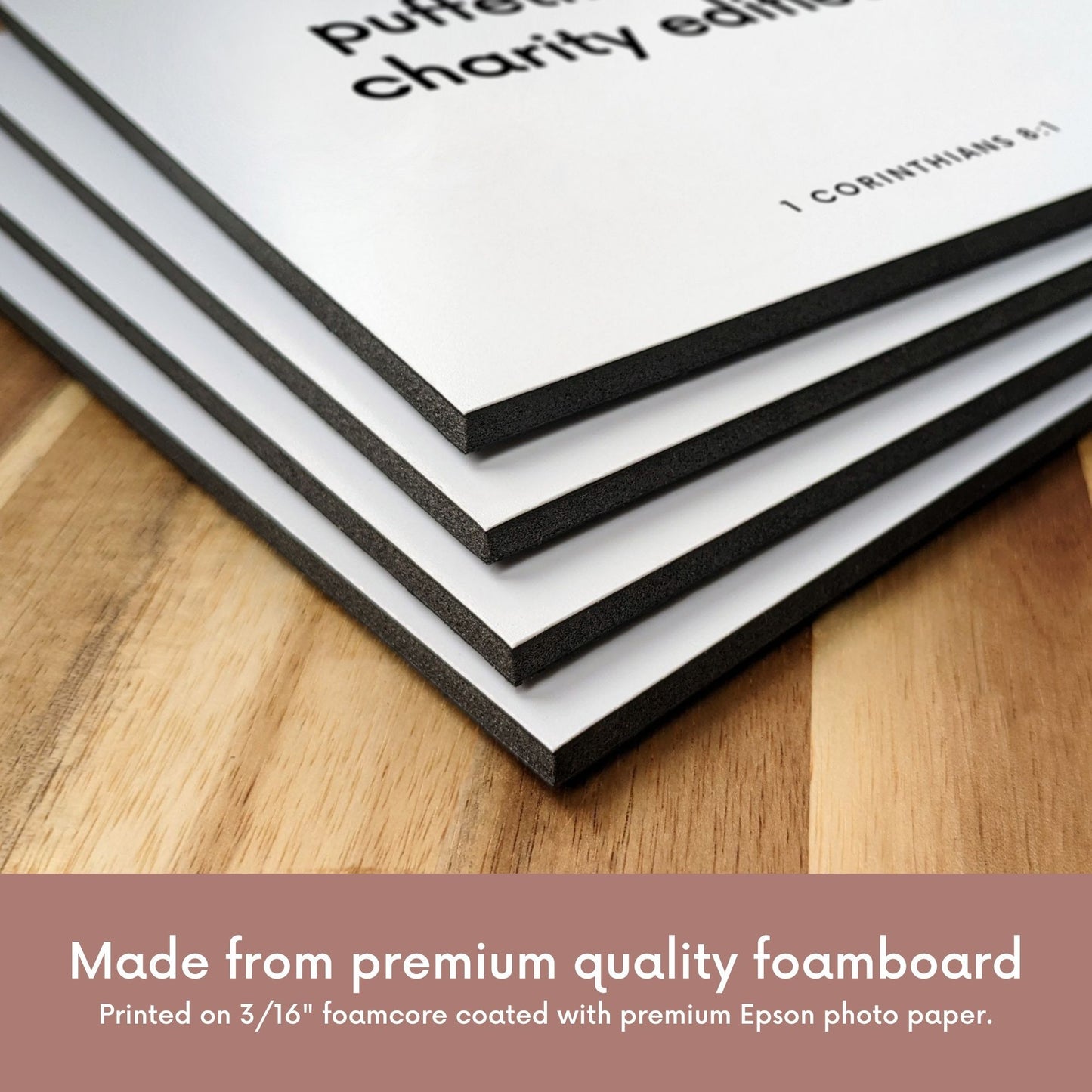 Closeup of scripture tile material for 1 Corinthians 8:1 - "Knowledge puffeth up, but charity edifieth"