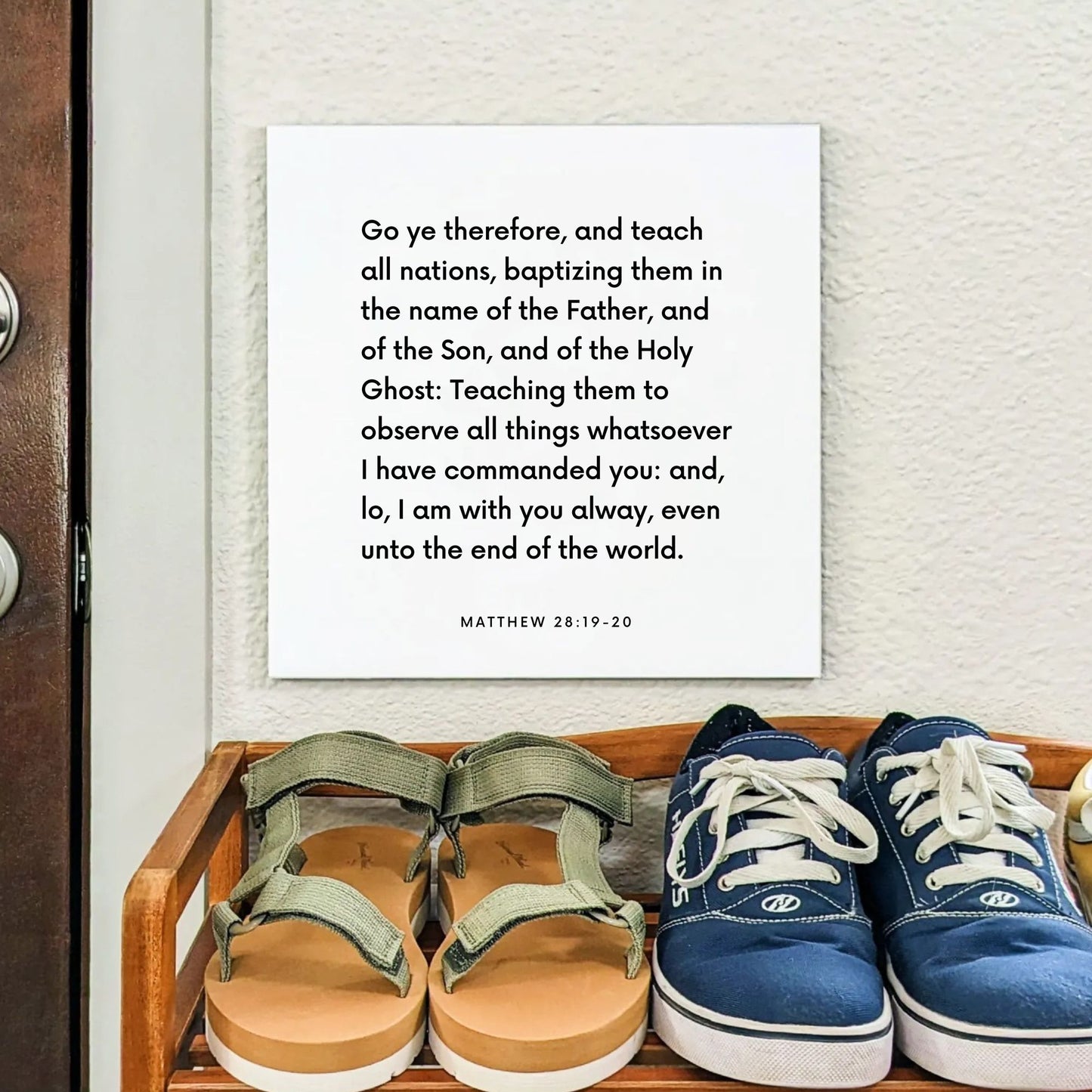 Shoes mouting of the scripture tile for Matthew 28:19-20 - "Go ye therefore, and teach all nations"