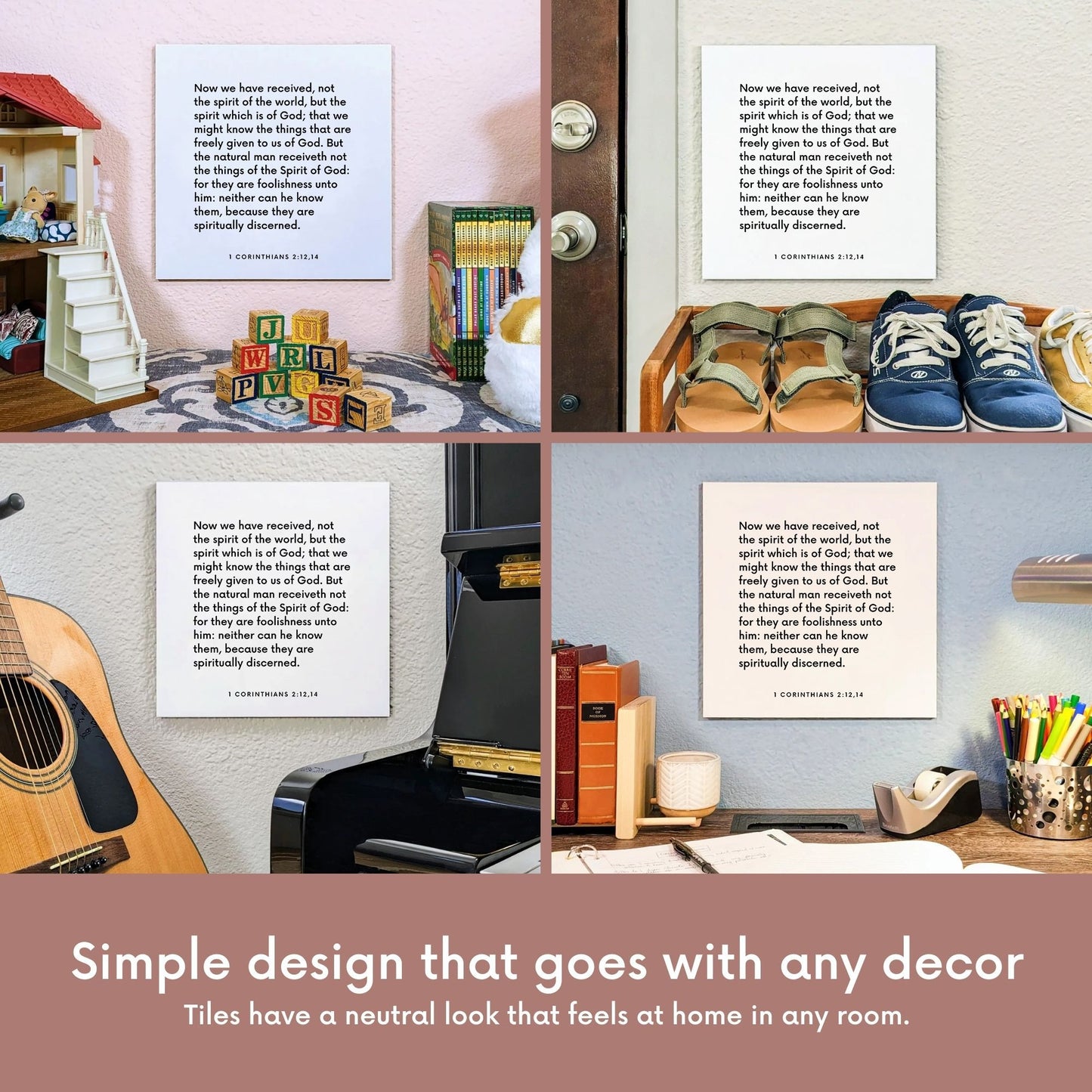 Four different mountings of the scripture tile for 1 Corinthians 2:12,14 - "The natural man receiveth not the things of the Spirit"