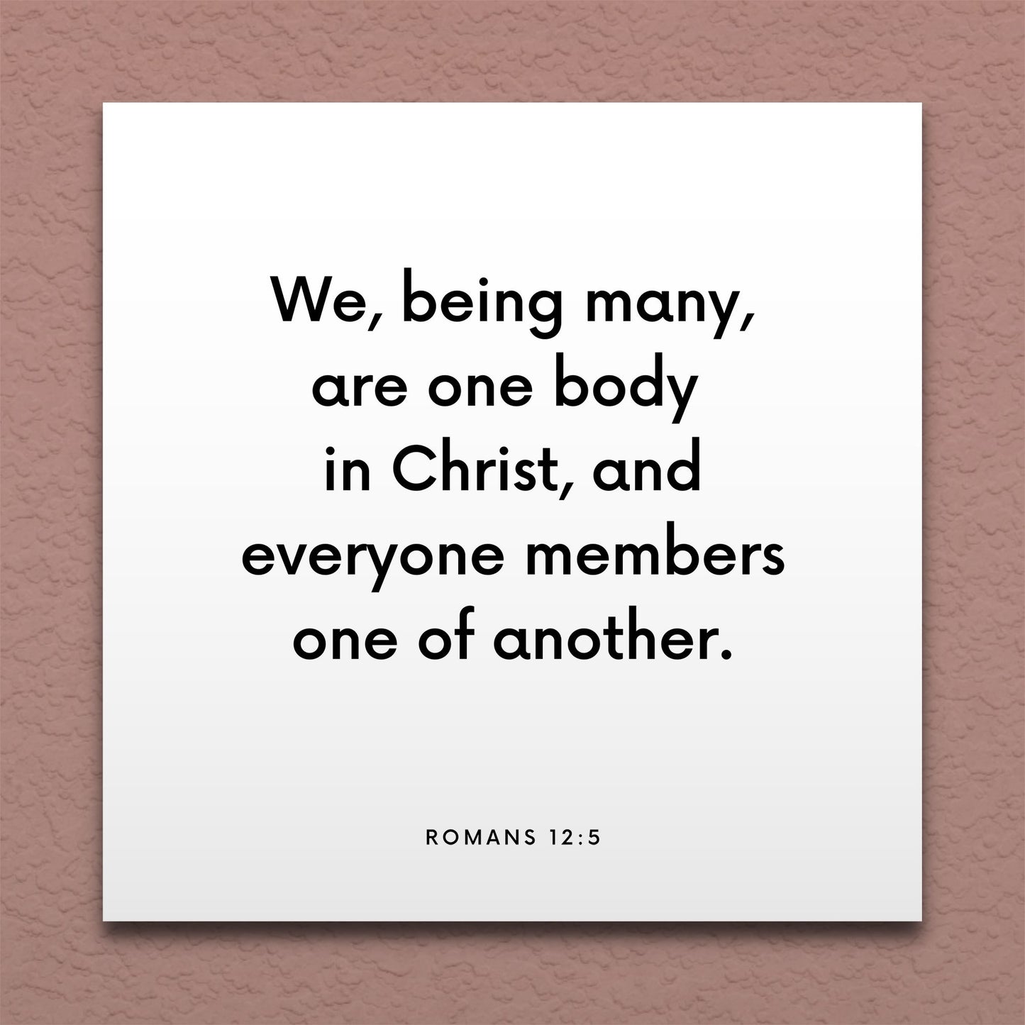 Wall-mounted scripture tile for Romans 12:5 - "We, being many, are one body in Christ"