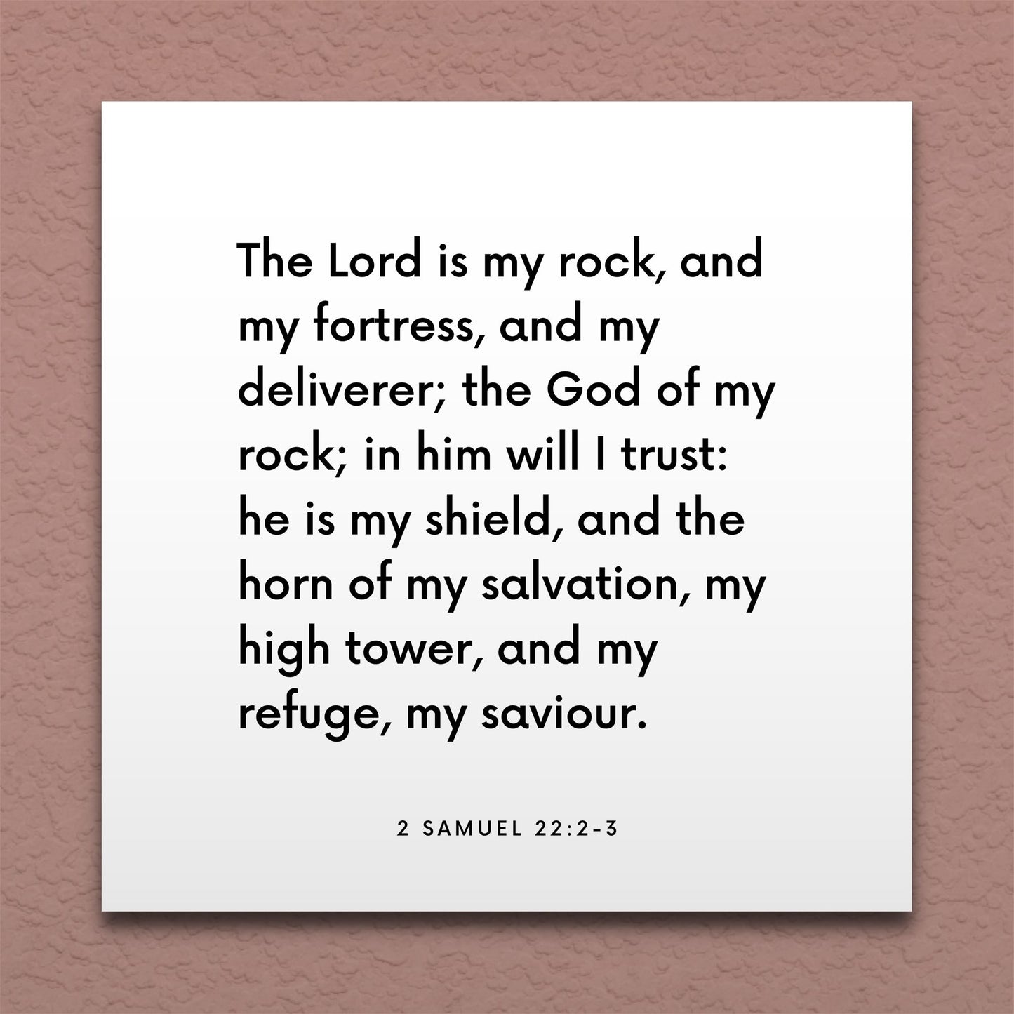 Wall-mounted scripture tile for 2 Samuel 22:2-3 - "The Lord is my rock, and my fortress, and my deliverer"