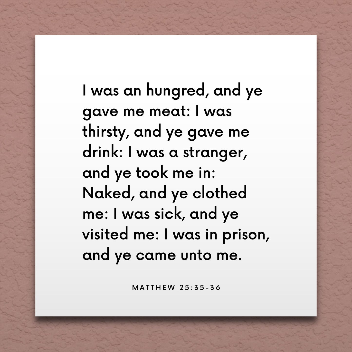 Wall-mounted scripture tile for Matthew 25:35-36 - "I was an hungred, and ye gave me meat"