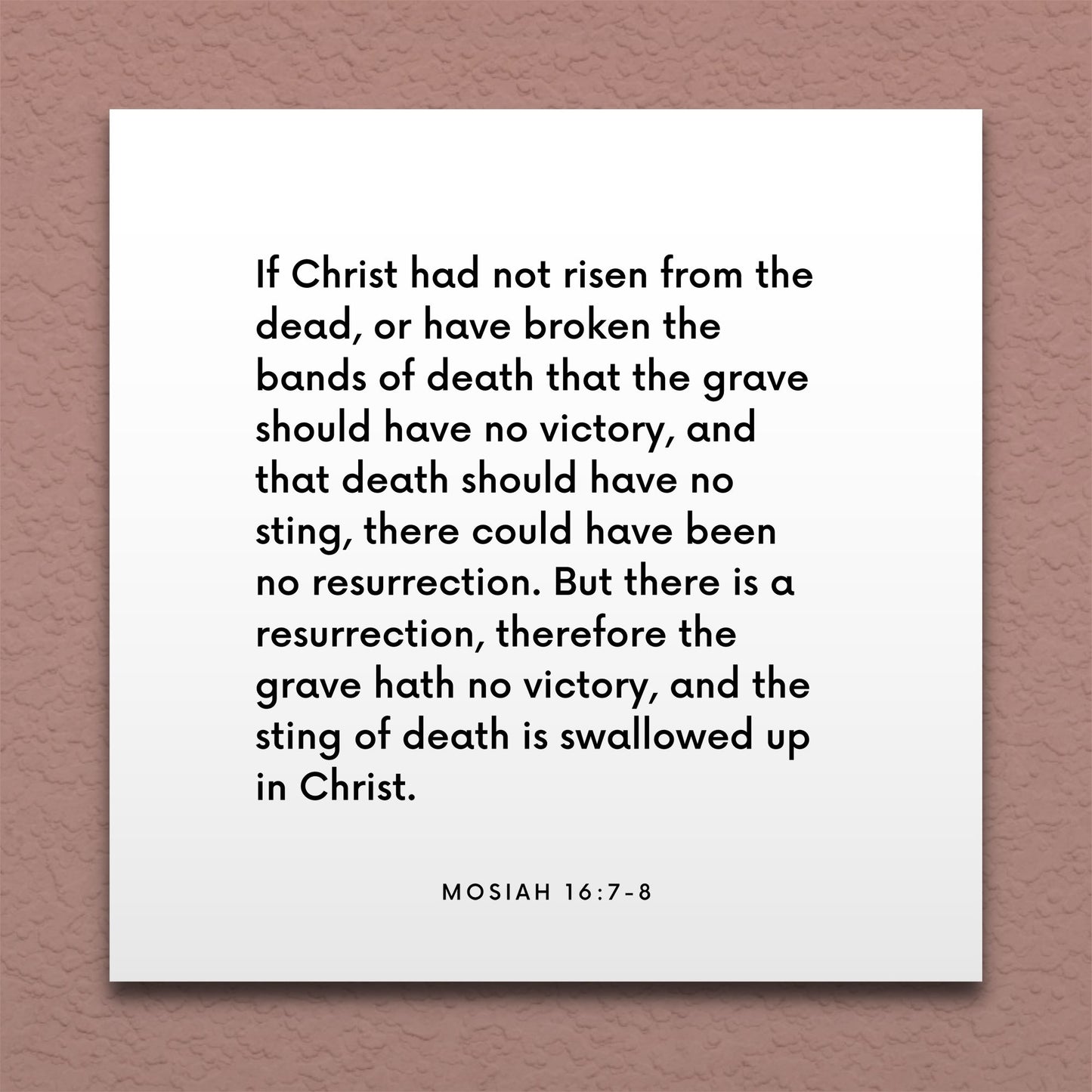 Wall-mounted scripture tile for Mosiah 16:7-8 - "The sting of death is swallowed up in Christ"