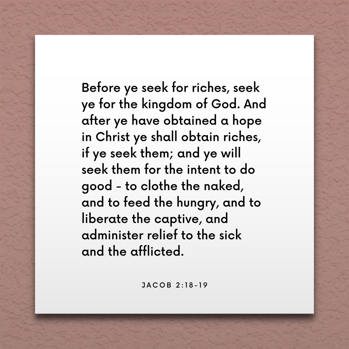 Wall-mounted scripture tile for Jacob 2:18-19 - "Before ye seek for riches, seek ye for the kingdom of God"