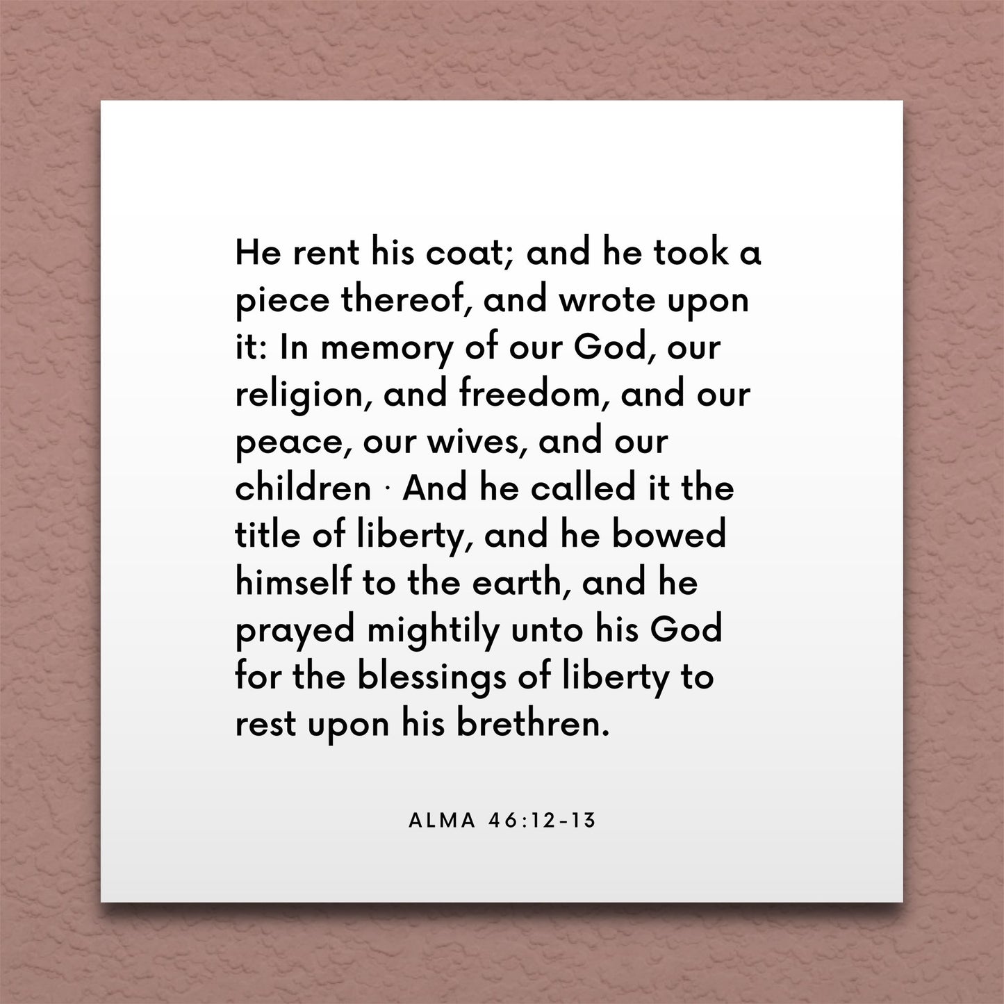 Wall-mounted scripture tile for Alma 46:12-13 - "In memory of our God, our religion, and freedom"