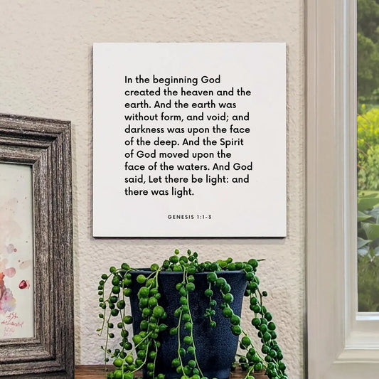 Window mouting of the scripture tile for Genesis 1:1-3 - "In the beginning God created the heaven and the earth"