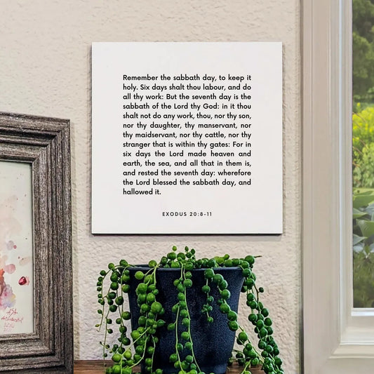 Window mouting of the scripture tile for Exodus 20:8-11 - "Remember the sabbath day, to keep it holy"
