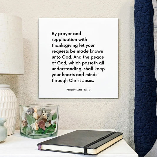 Bedside mouting of the scripture tile for Philippians 4:6-7 - "Let your requests be made known unto God"