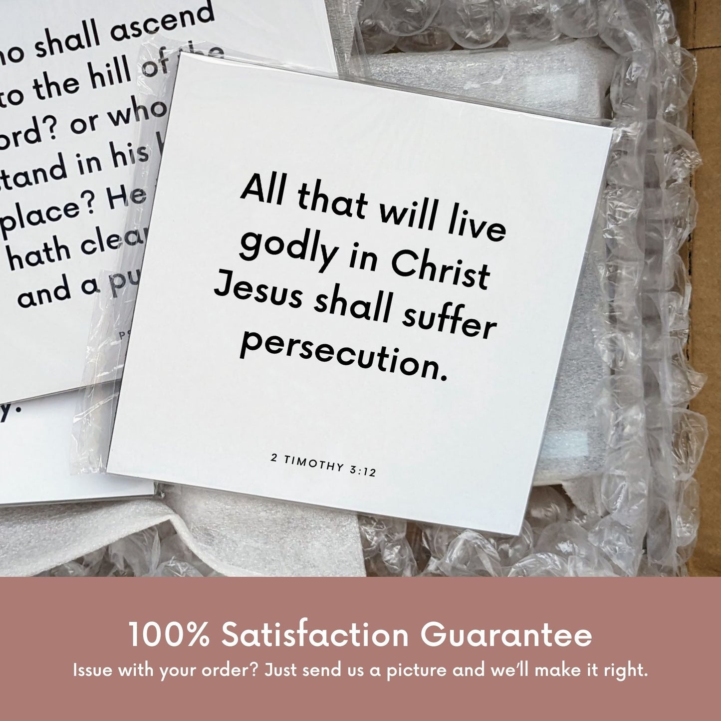 Shipping materials for scripture tile of 2 Timothy 3:12 - "All that will live godly in Christ Jesus"