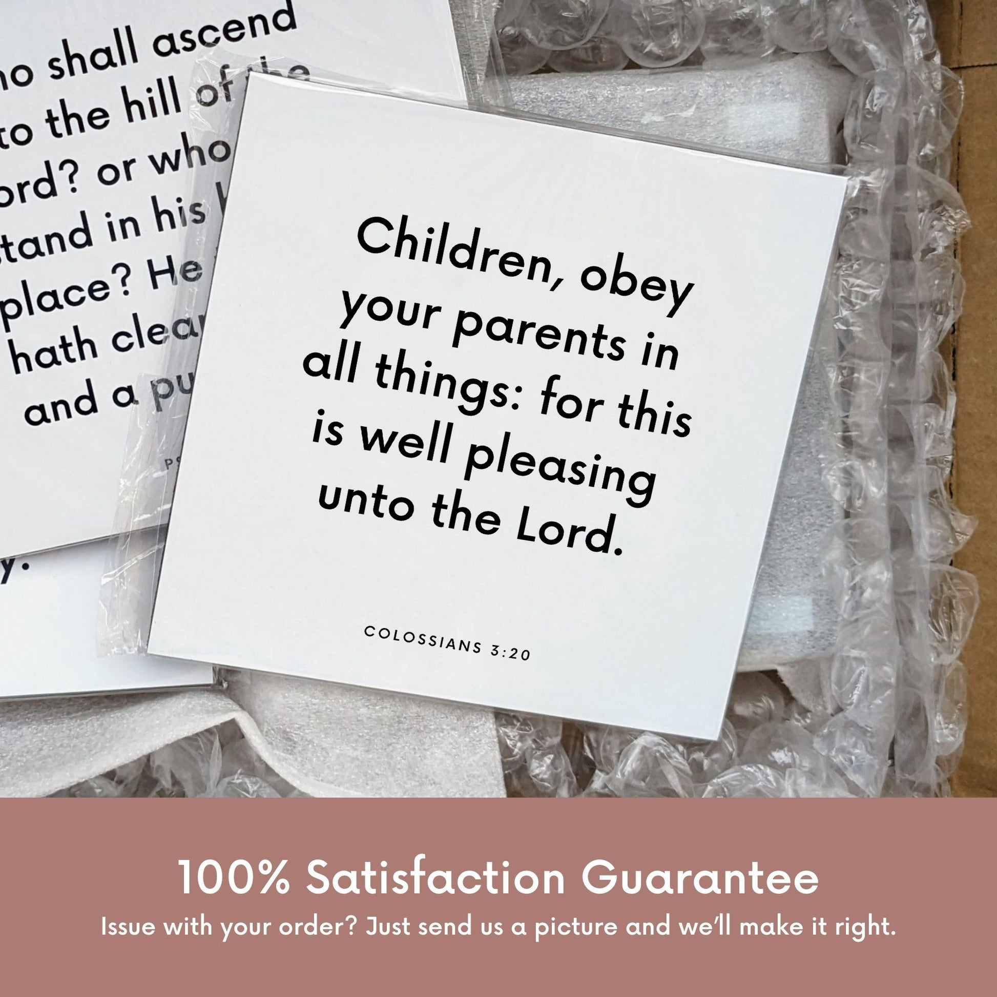 Shipping materials for scripture tile of Colossians 3:20 - "Children, obey your parents in all things"