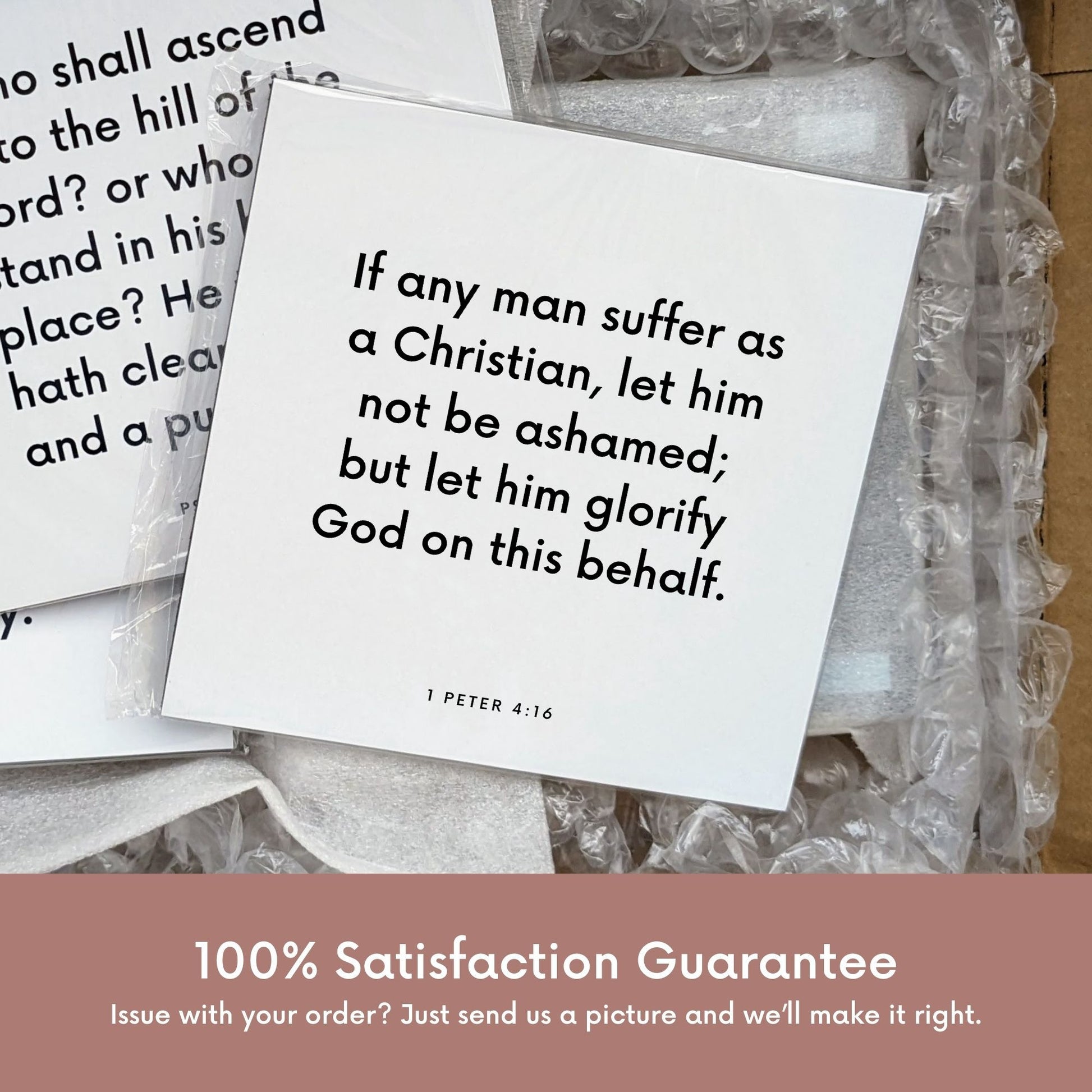 Shipping materials for scripture tile of 1 Peter 4:16 - "If any man suffer as a Christian, let him not be ashamed"