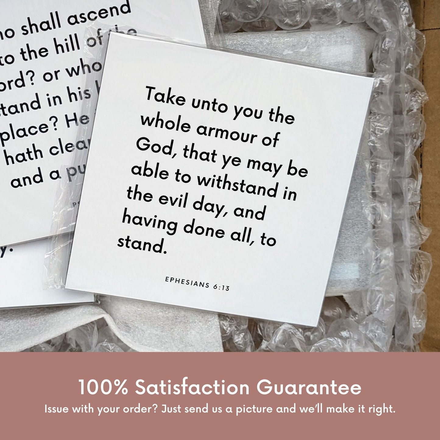 Shipping materials for scripture tile of Ephesians 6:13 - "Take unto you the whole armour of God"