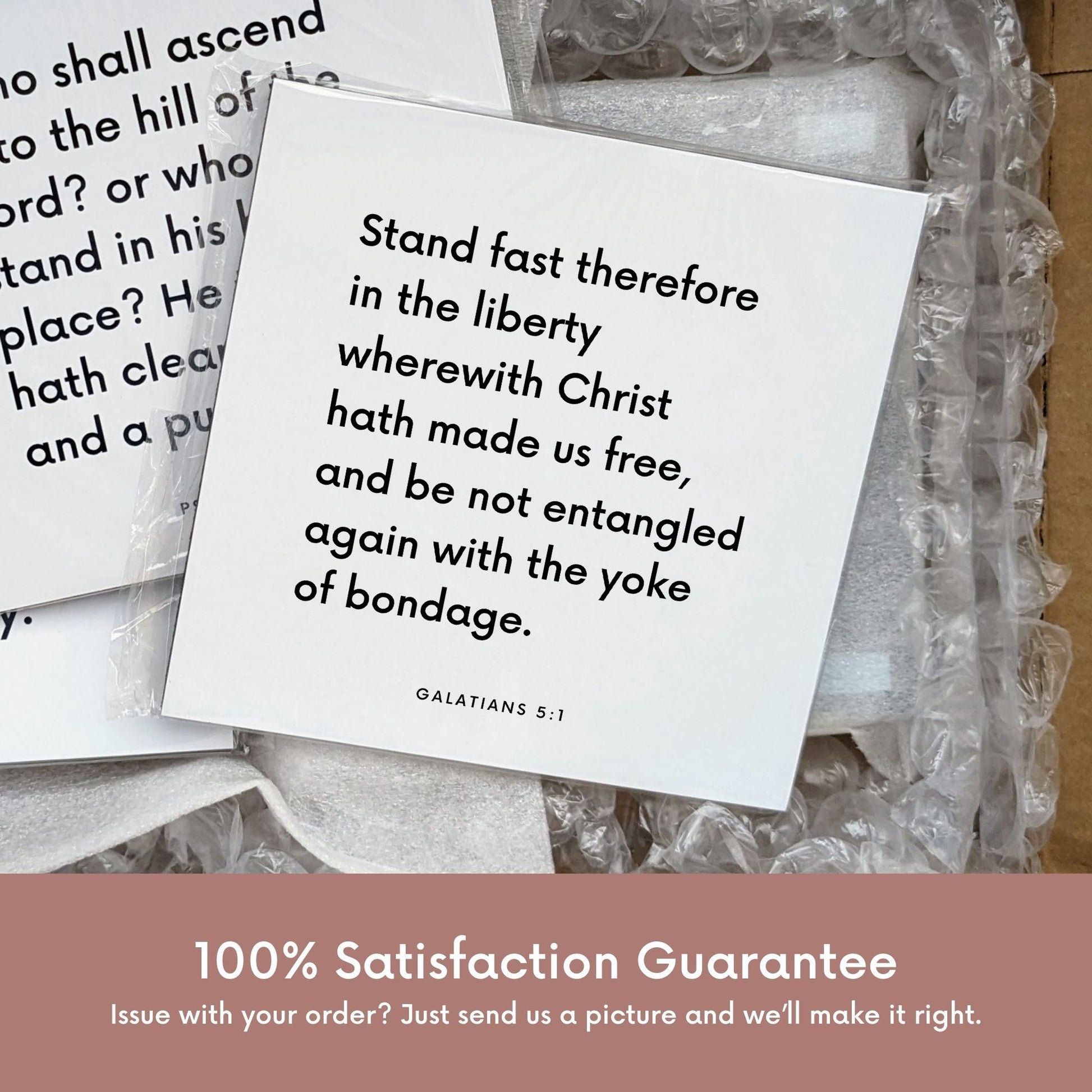 Shipping materials for scripture tile of Galatians 5:1 - "Stand fast in the liberty wherewith Christ hath made us free"