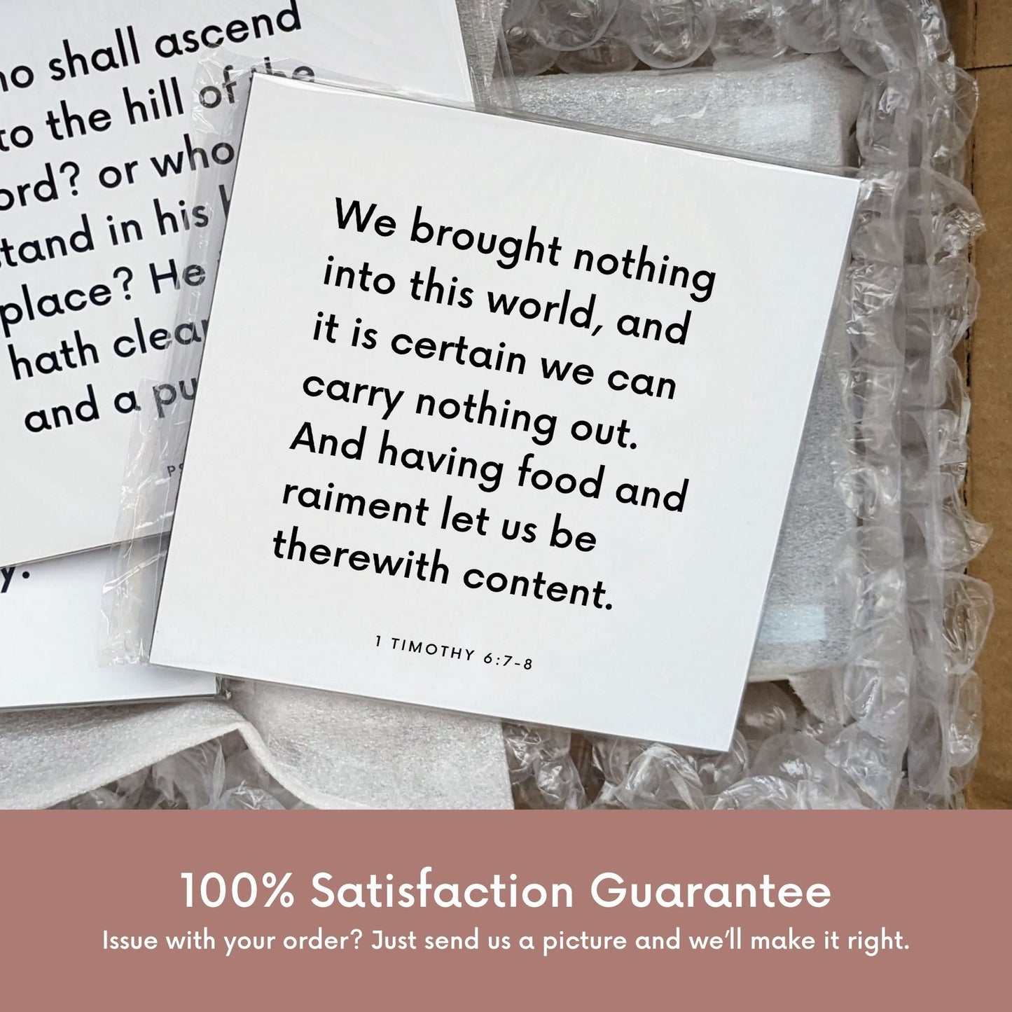 Shipping materials for scripture tile of 1 Timothy 6:7-8 - "Having food and raiment let us be therewith content"