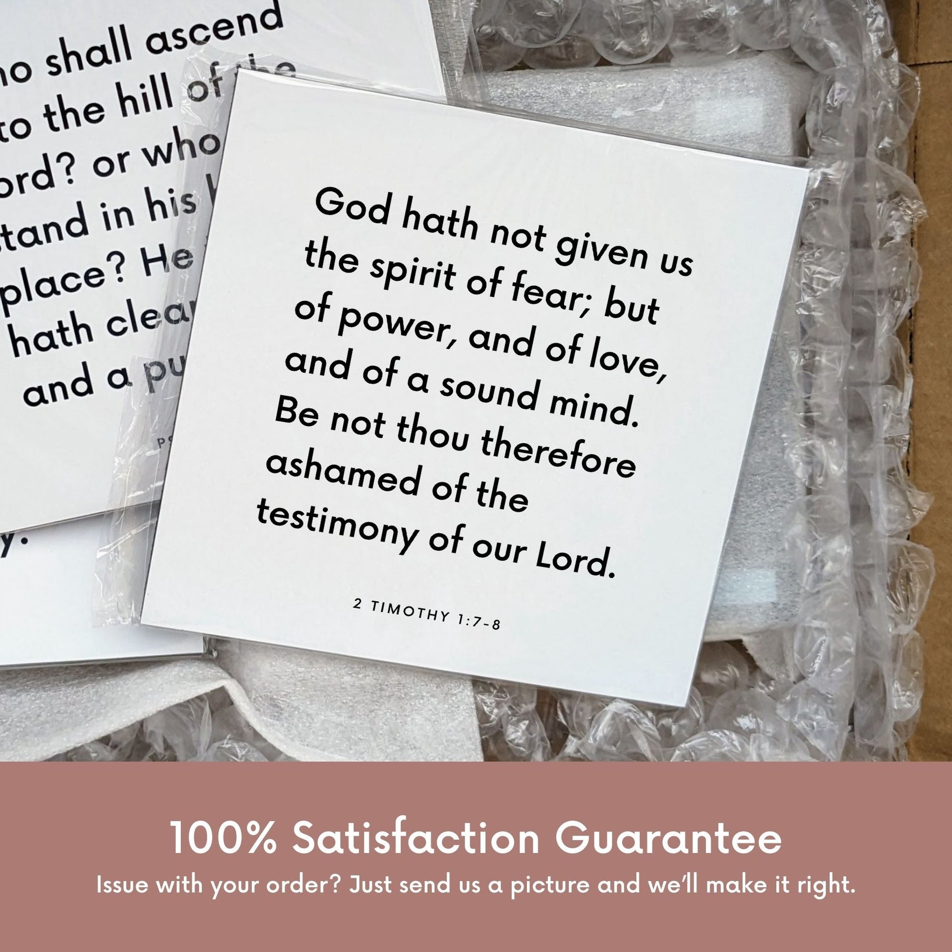 Shipping materials for scripture tile of 2 Timothy 1:7-8 - "God hath not given us the spirit of fear"