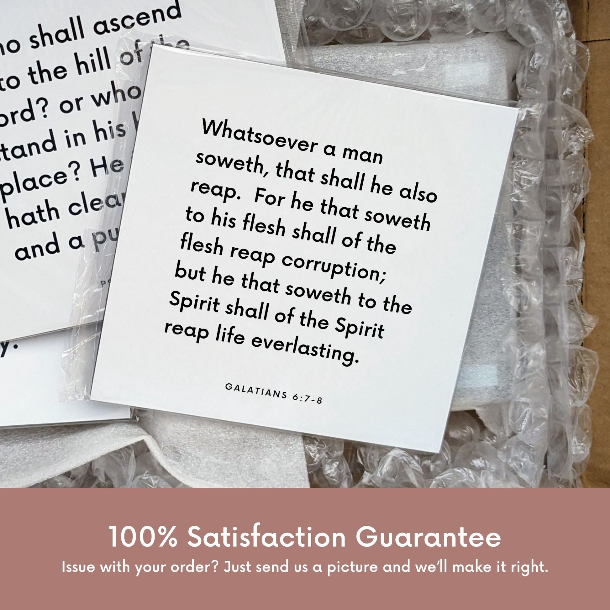 Shipping materials for scripture tile of Galatians 6:7-8 - "Whatsoever a man soweth, that shall he also reap"