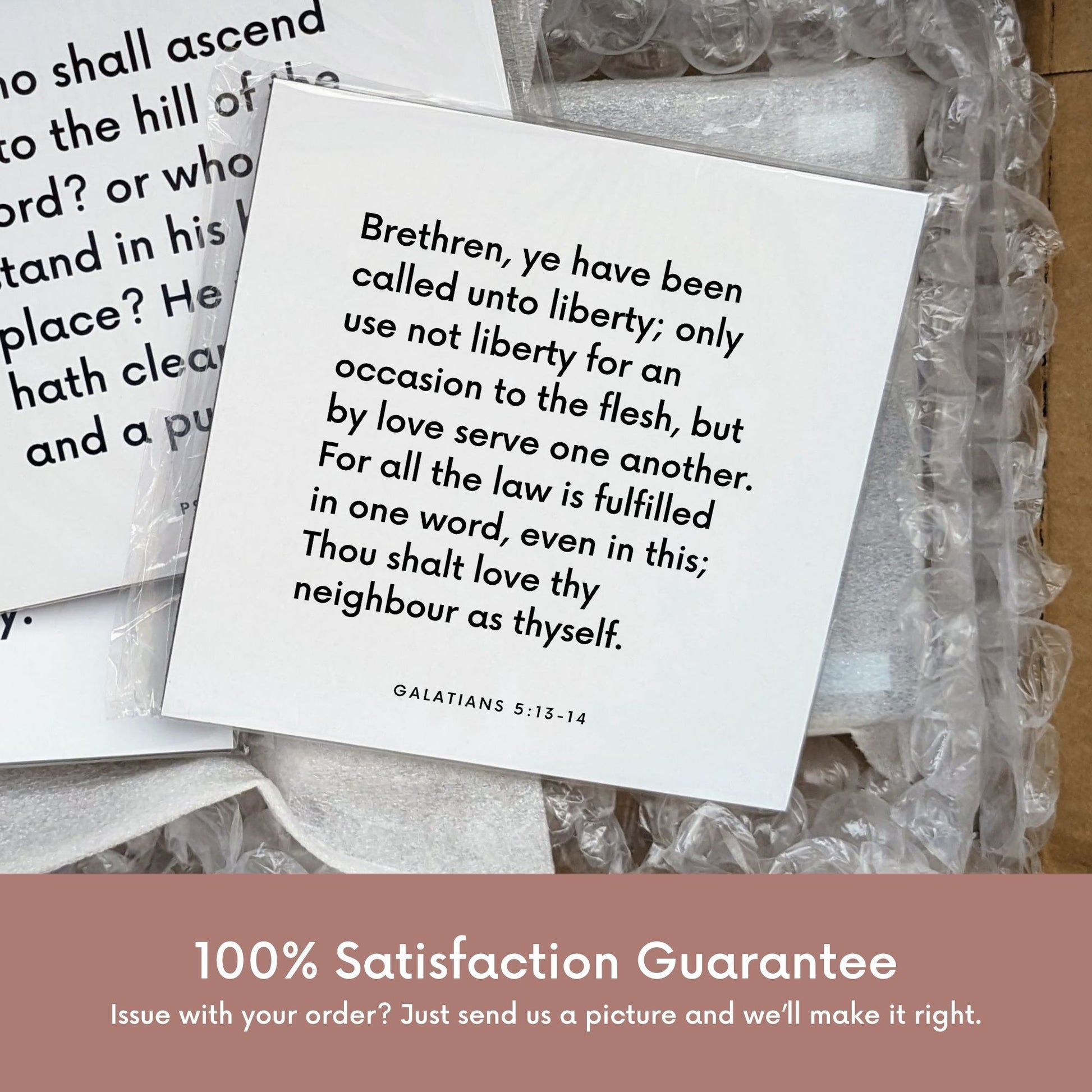 Shipping materials for scripture tile of Galatians 5:13-14 - "Ye have been called unto liberty"