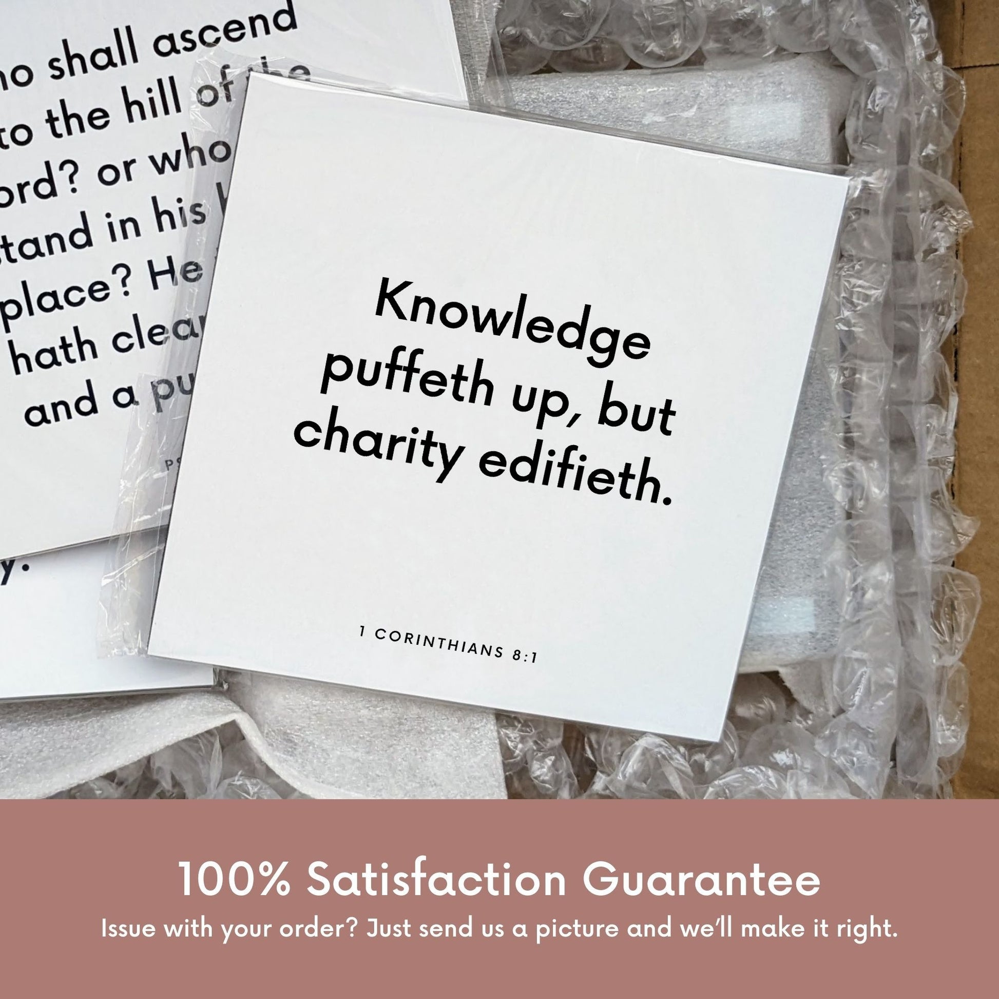 Shipping materials for scripture tile of 1 Corinthians 8:1 - "Knowledge puffeth up, but charity edifieth"
