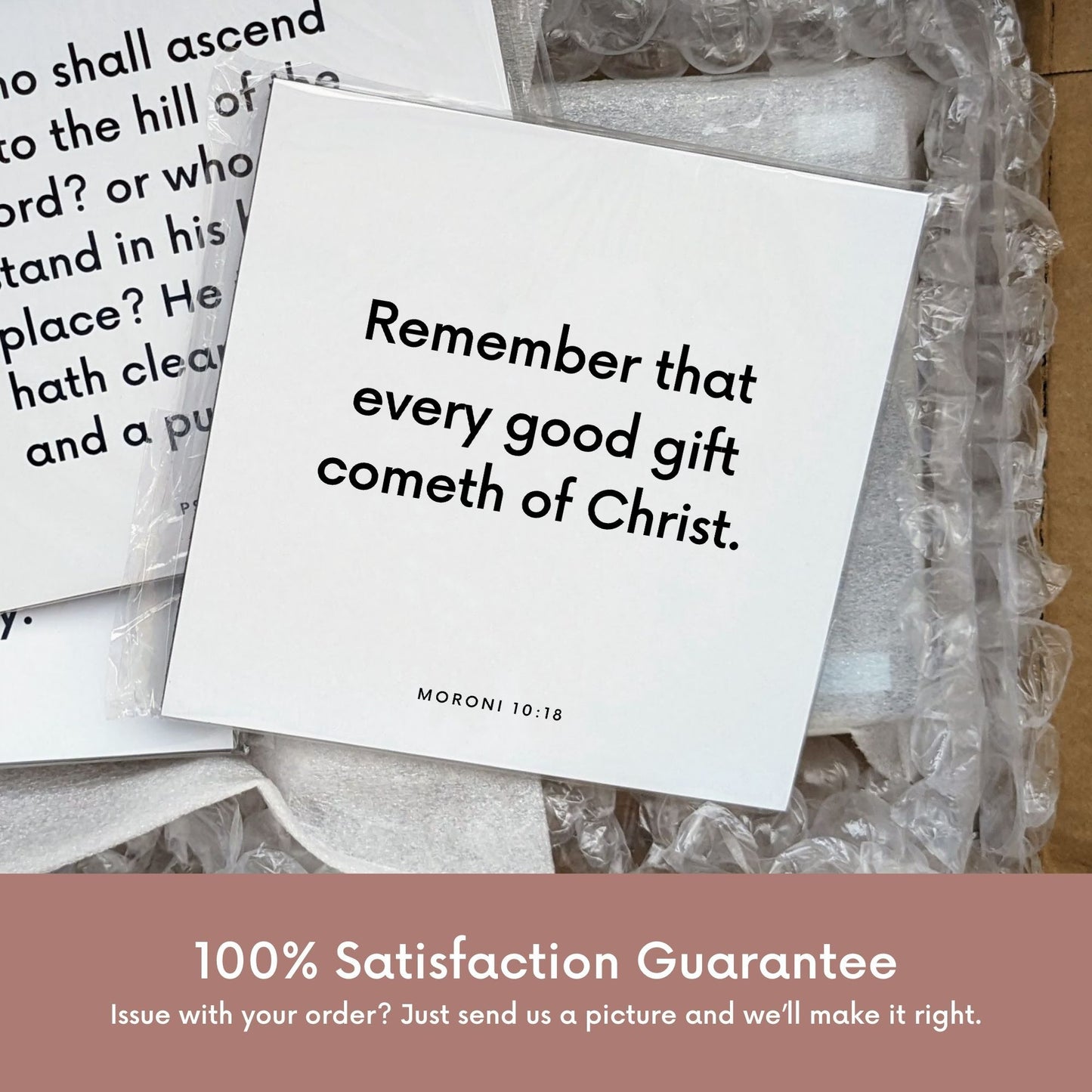 Shipping materials for scripture tile of Moroni 10:18 - "Every good gift cometh of Christ"