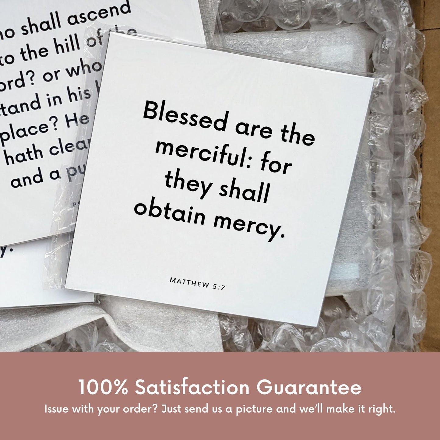 Shipping materials for scripture tile of Matthew 5:7 - "Blessed are the merciful: for they shall obtain mercy"