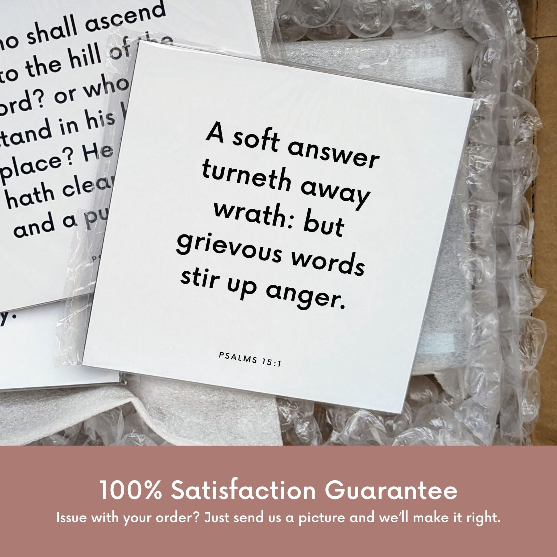 Shipping materials for scripture tile of Psalms 15:1 - "A soft answer turneth away wrath"