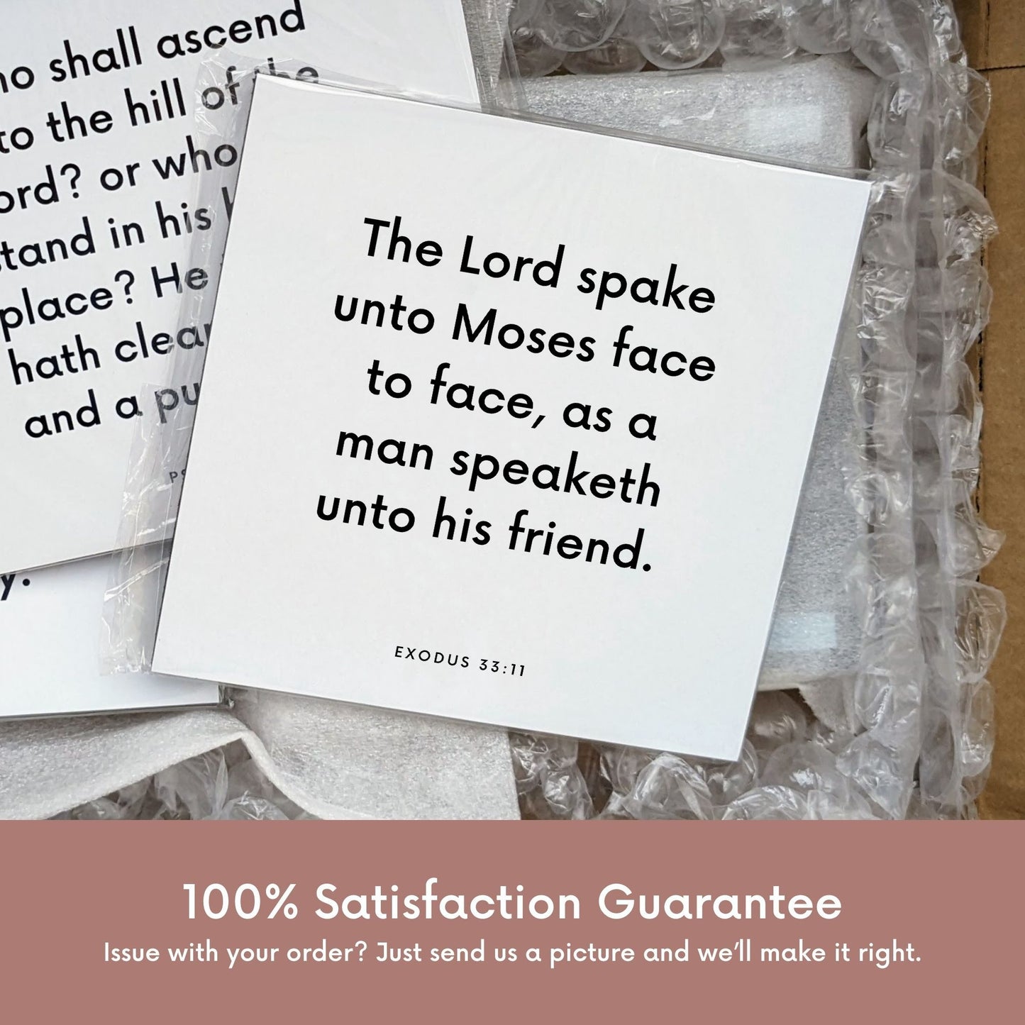 Shipping materials for scripture tile of Exodus 33:11 - "The Lord spake unto Moses face to face"