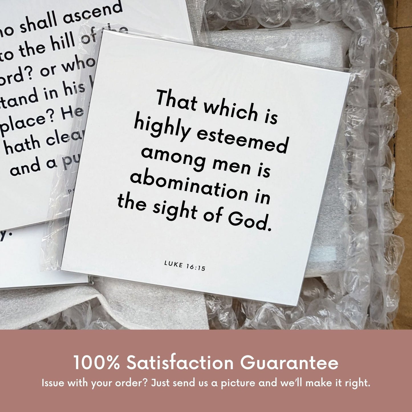 Shipping materials for scripture tile of Luke 16:15 - "That which is highly esteemed among men is abomination"