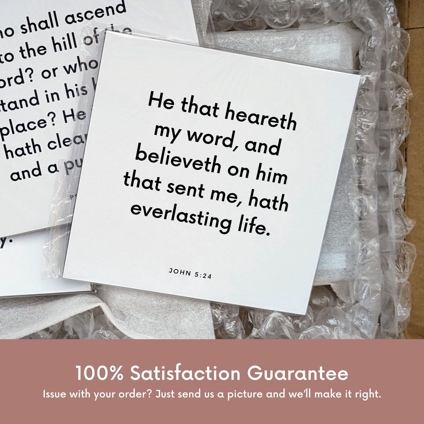 Shipping materials for scripture tile of John 5:24 - "He that heareth my word hath everlasting life"