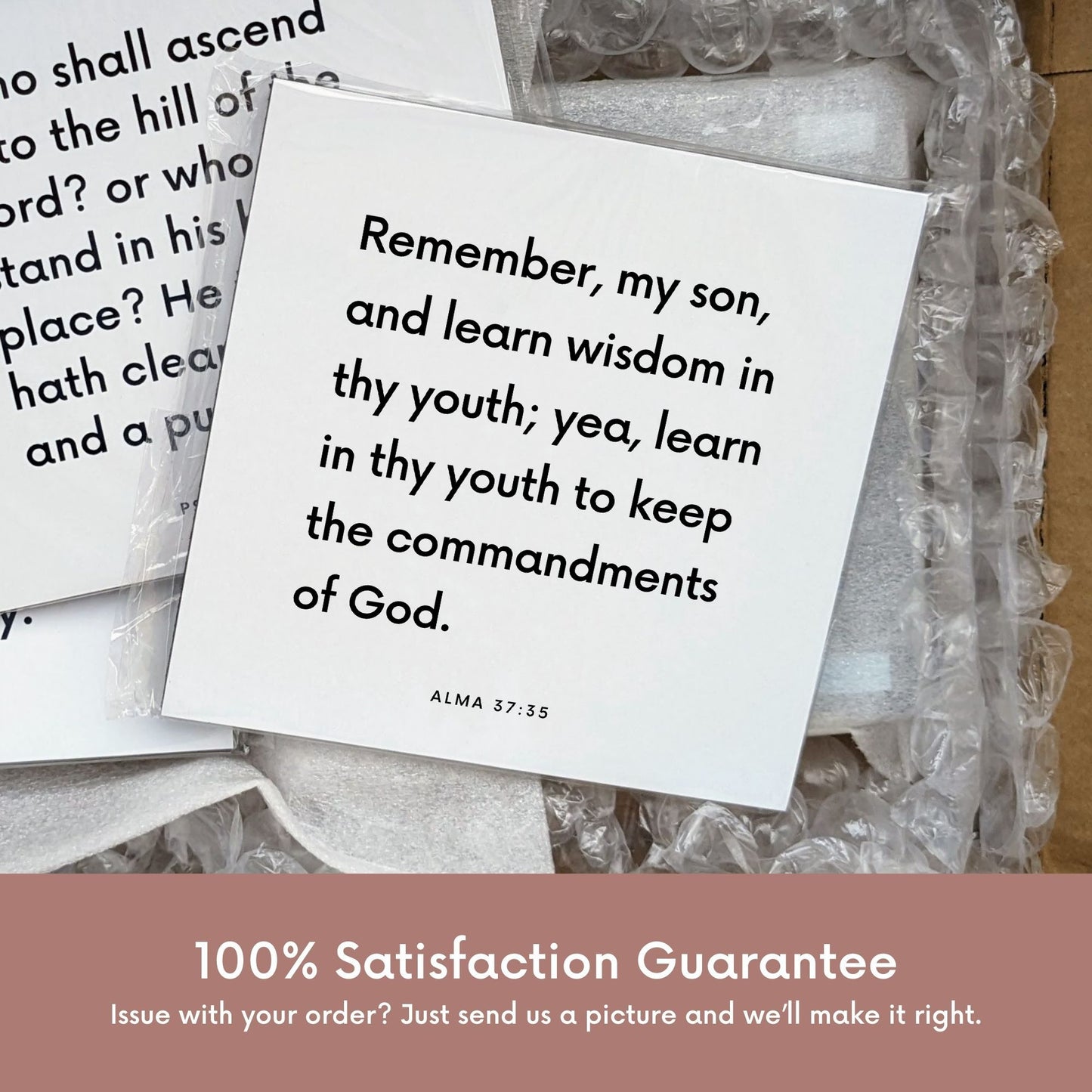 Shipping materials for scripture tile of Alma 37:35 - "Remember, my son, and learn wisdom in thy youth"