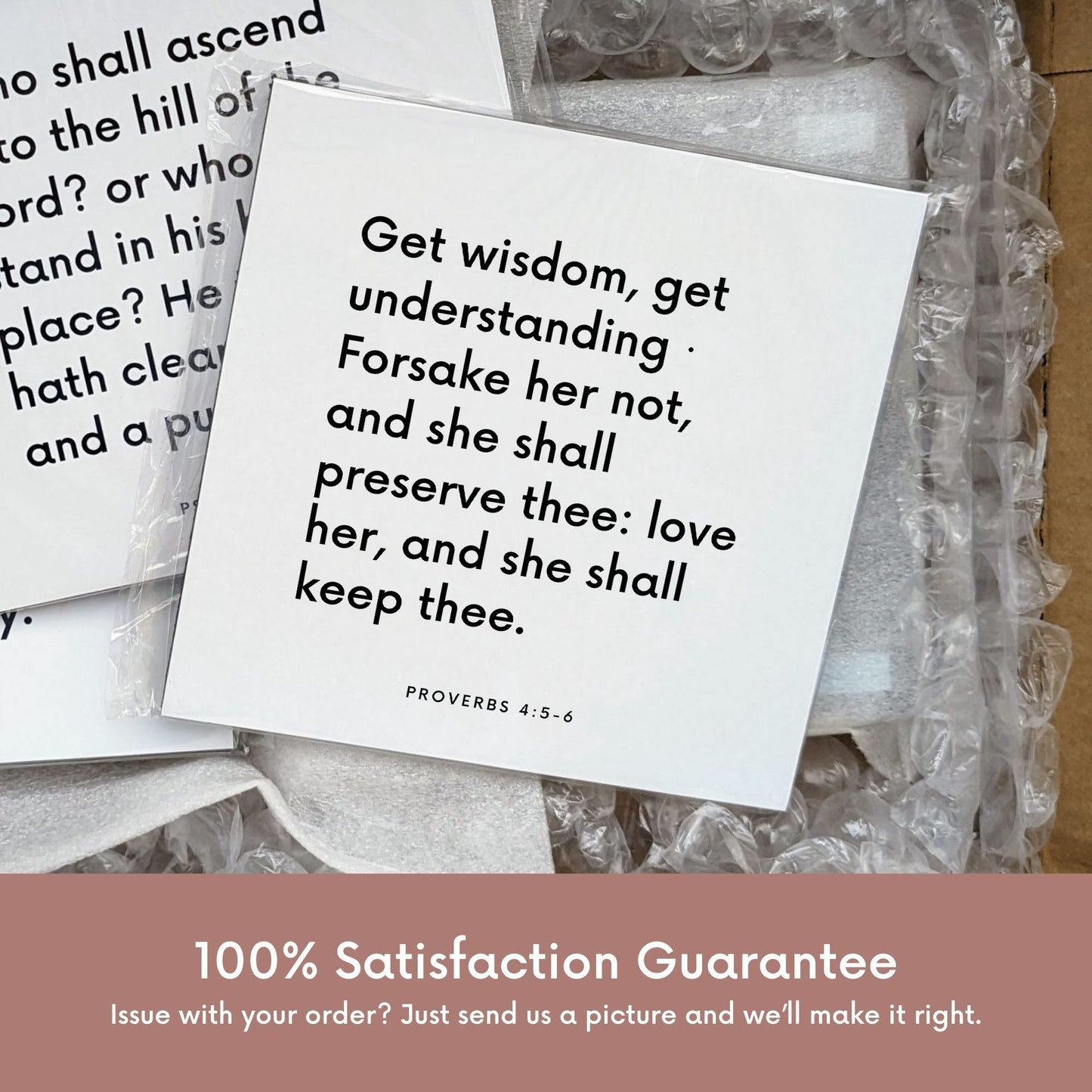 Shipping materials for scripture tile of Proverbs 4:5-6 - "Get wisdom, forsake her not, and she shall preserve thee"
