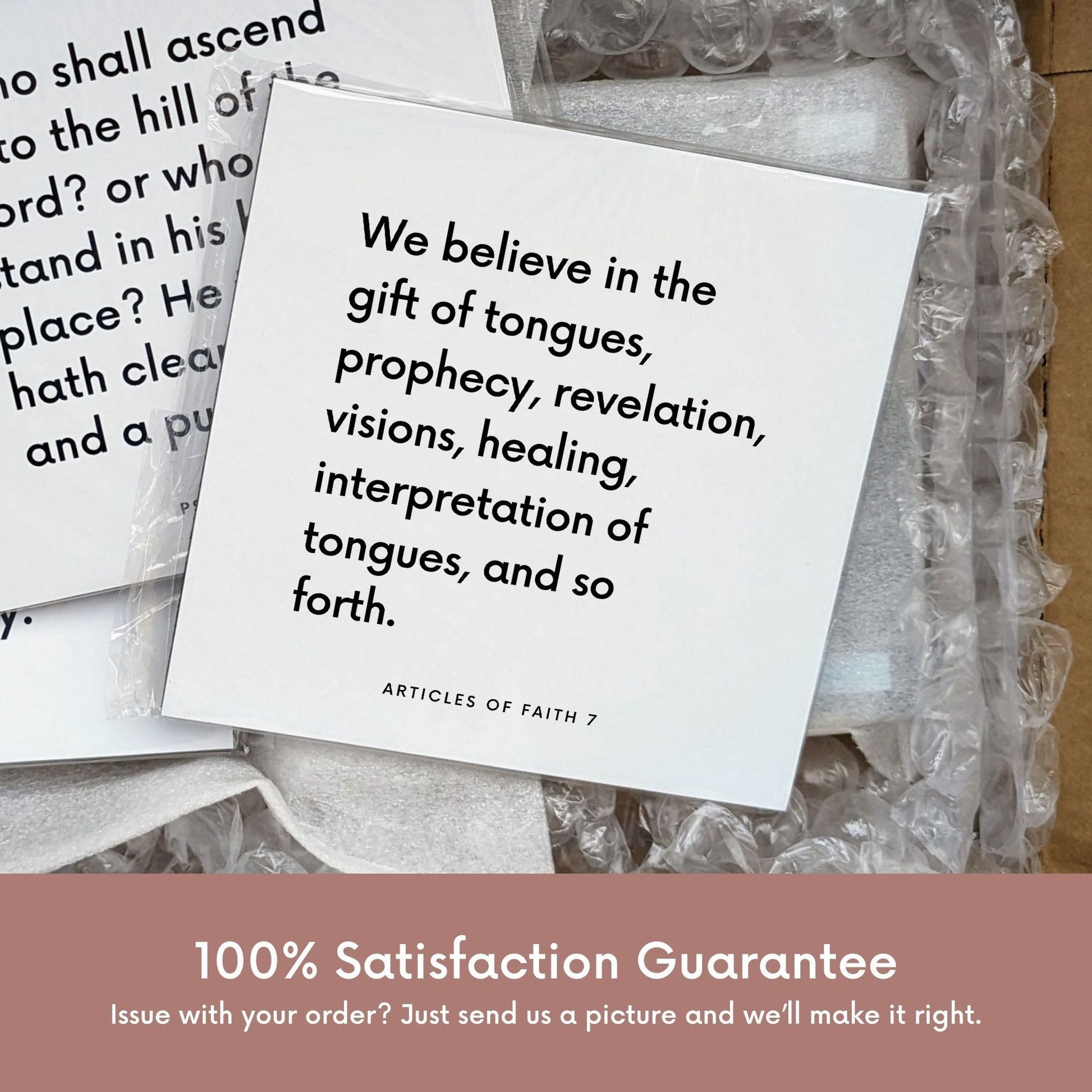 Shipping materials for scripture tile of Articles of Faith 7 - "We believe in the gift of tongues, prophecy, revelation"