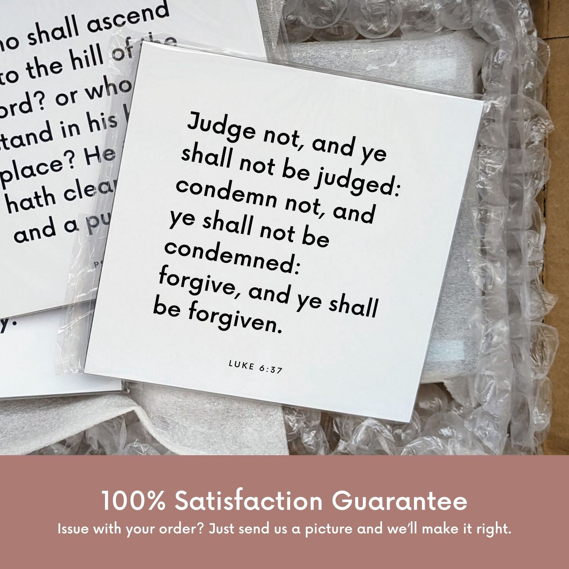 Shipping materials for scripture tile of Luke 6:37 - "Judge not, and ye shall not be judged"