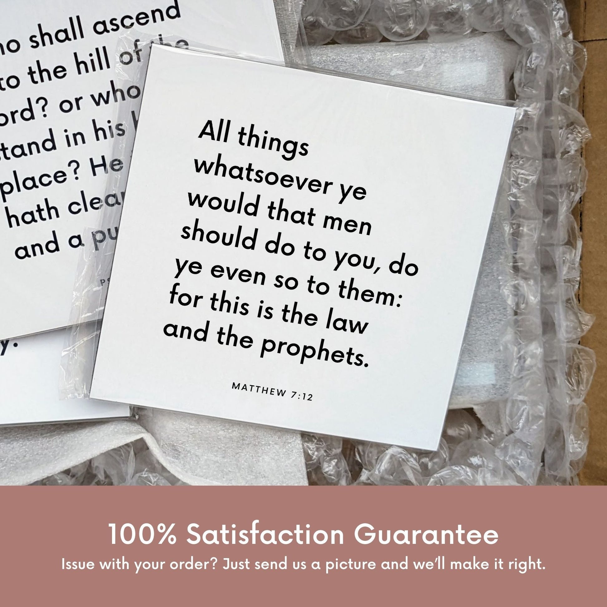 Shipping materials for scripture tile of Matthew 7:12 - "All ye would that men do to you, do ye even so to them"