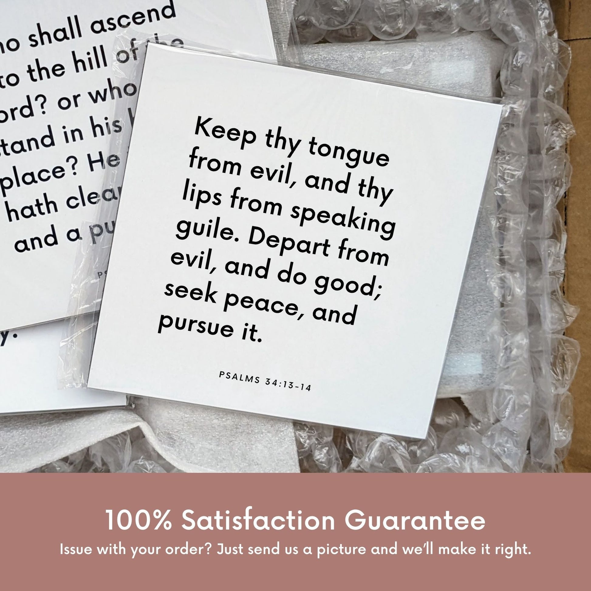 Shipping materials for scripture tile of Psalms 34:13-14 - "Keep thy tongue from evil, and thy lips from speaking guile"