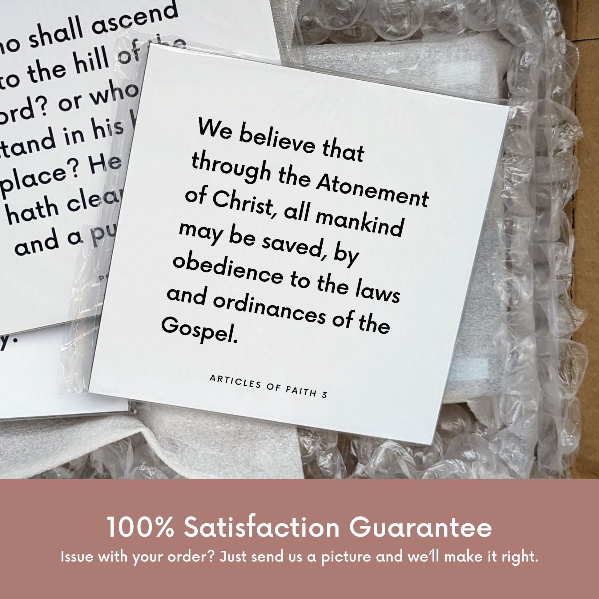 Shipping materials for scripture tile of Articles of Faith 3 - "We believe that through the Atonement of Christ"