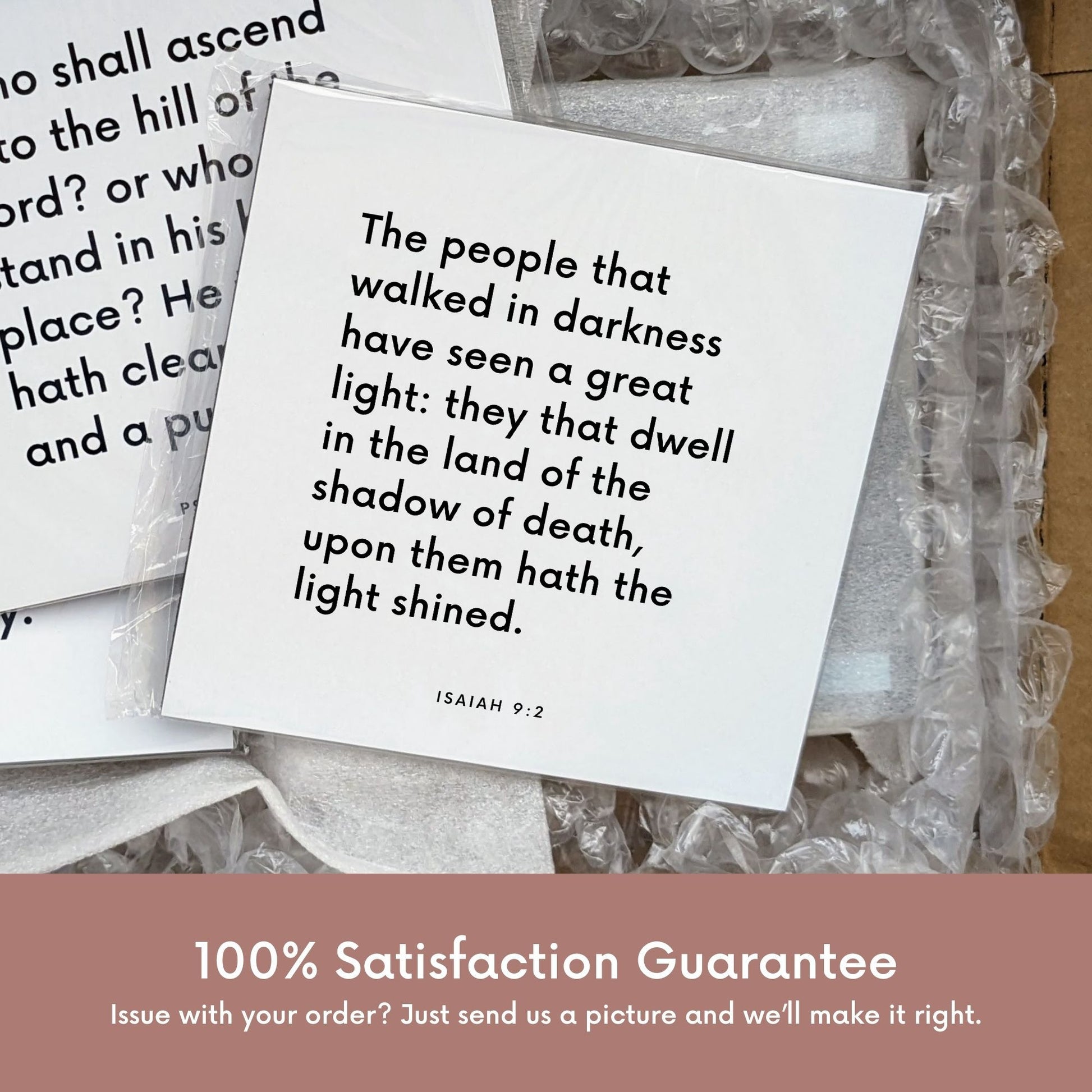 Shipping materials for scripture tile of Isaiah 9:2 - "The people that walked in darkness have seen a great light"