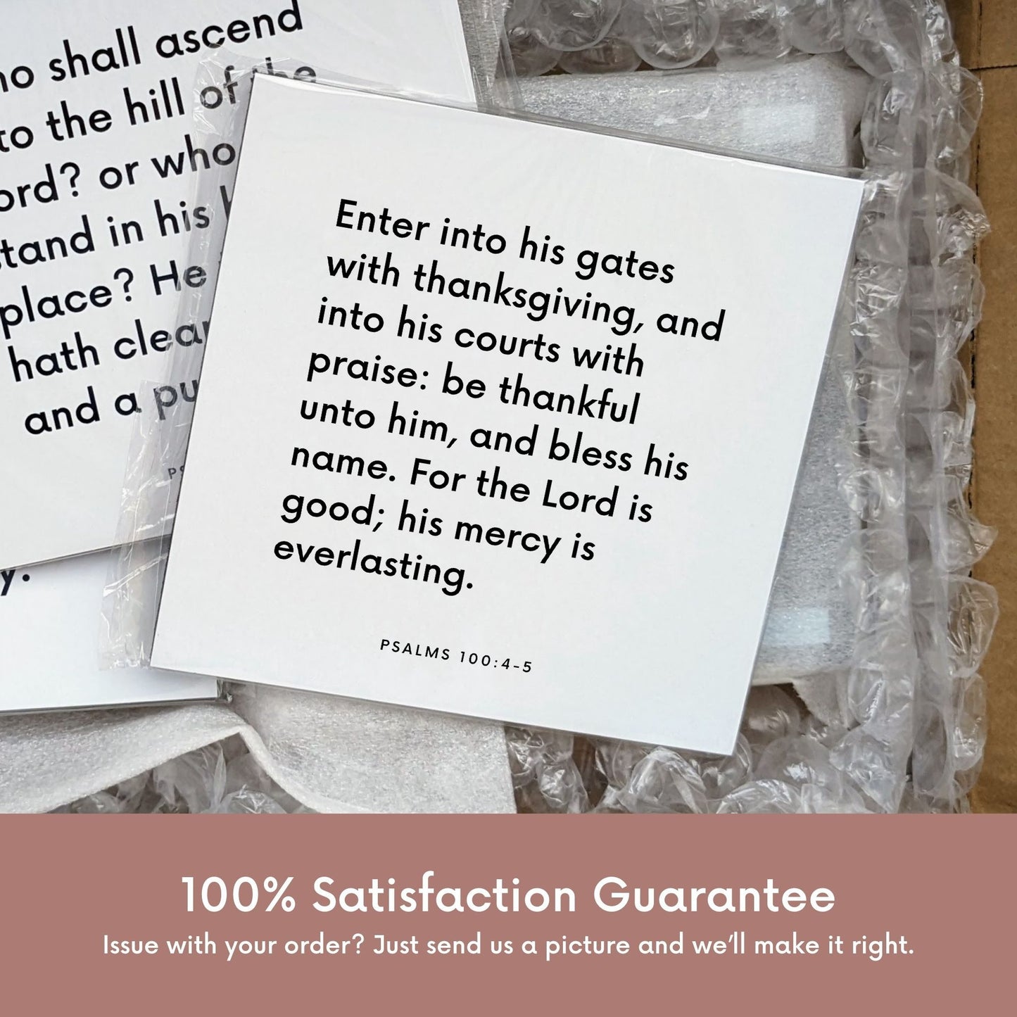 Shipping materials for scripture tile of Psalms 100:4-5 - "Be thankful unto him and bless his name, for the Lord is good"