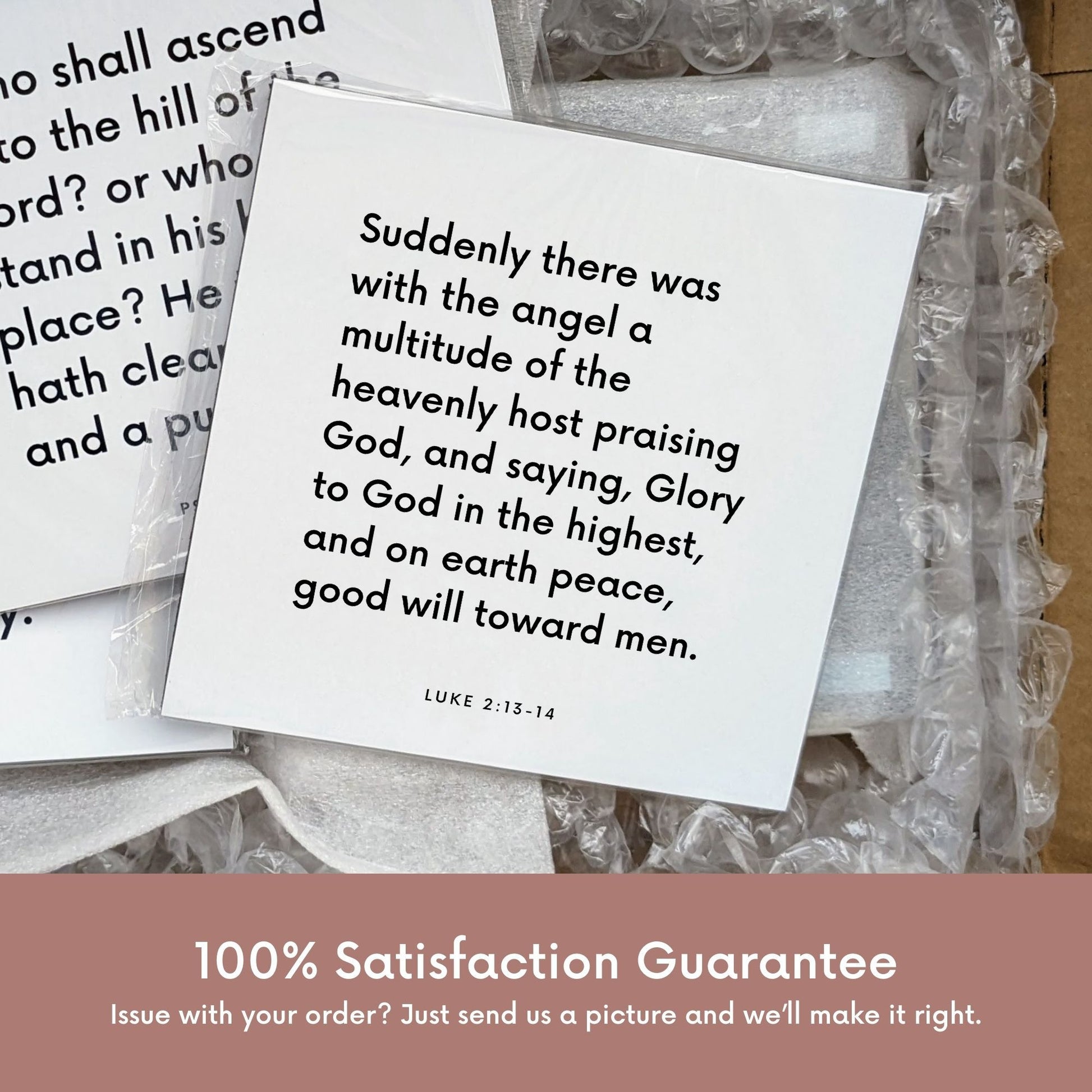 Shipping materials for scripture tile of Luke 2:13-14 - "Glory to God in the highest, and on earth peace, good will"