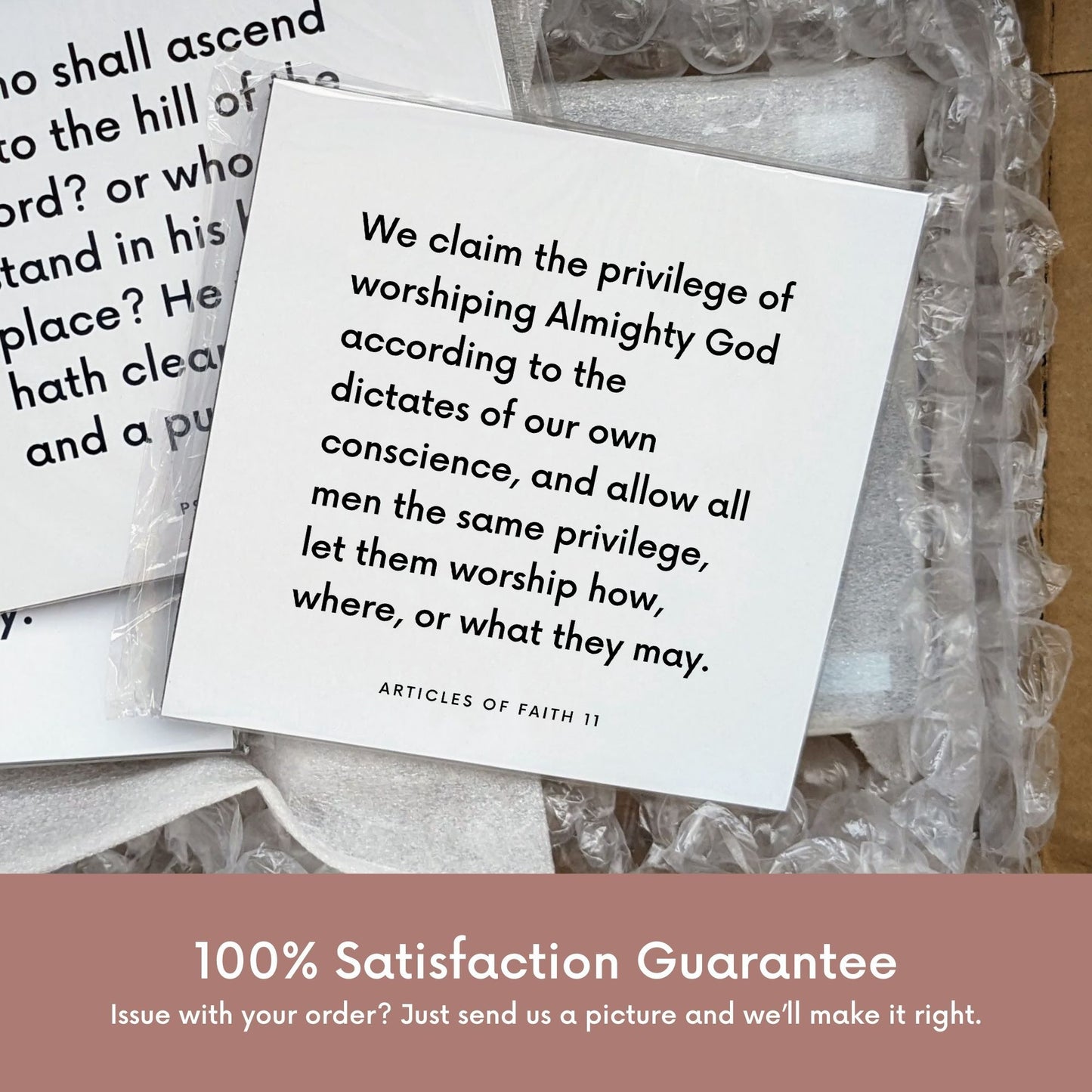 Shipping materials for scripture tile of Articles of Faith 11 - "We claim the privilege of worshiping Almighty God"