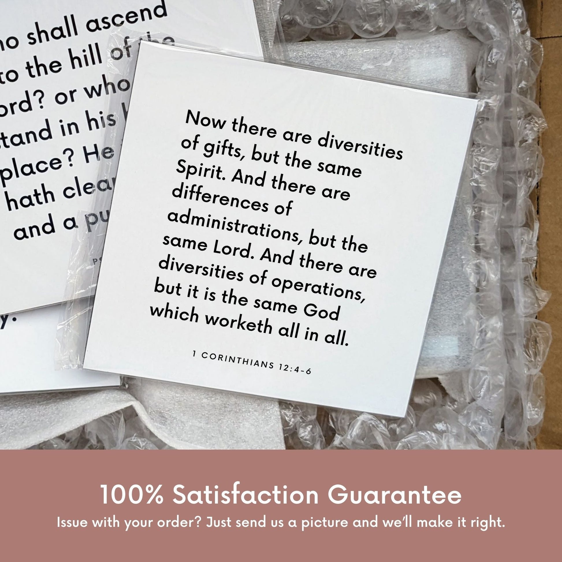 Shipping materials for scripture tile of 1 Corinthians 12:4-6 - "There are diversities of gifts, but the same Spirit"