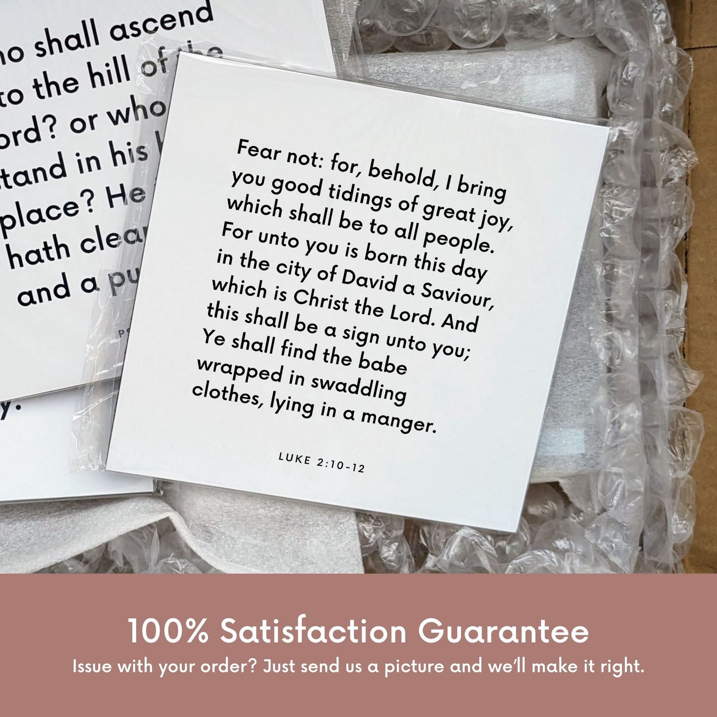 Shipping materials for scripture tile of Luke 2:10-12 - "I bring you good tidings of great joy"