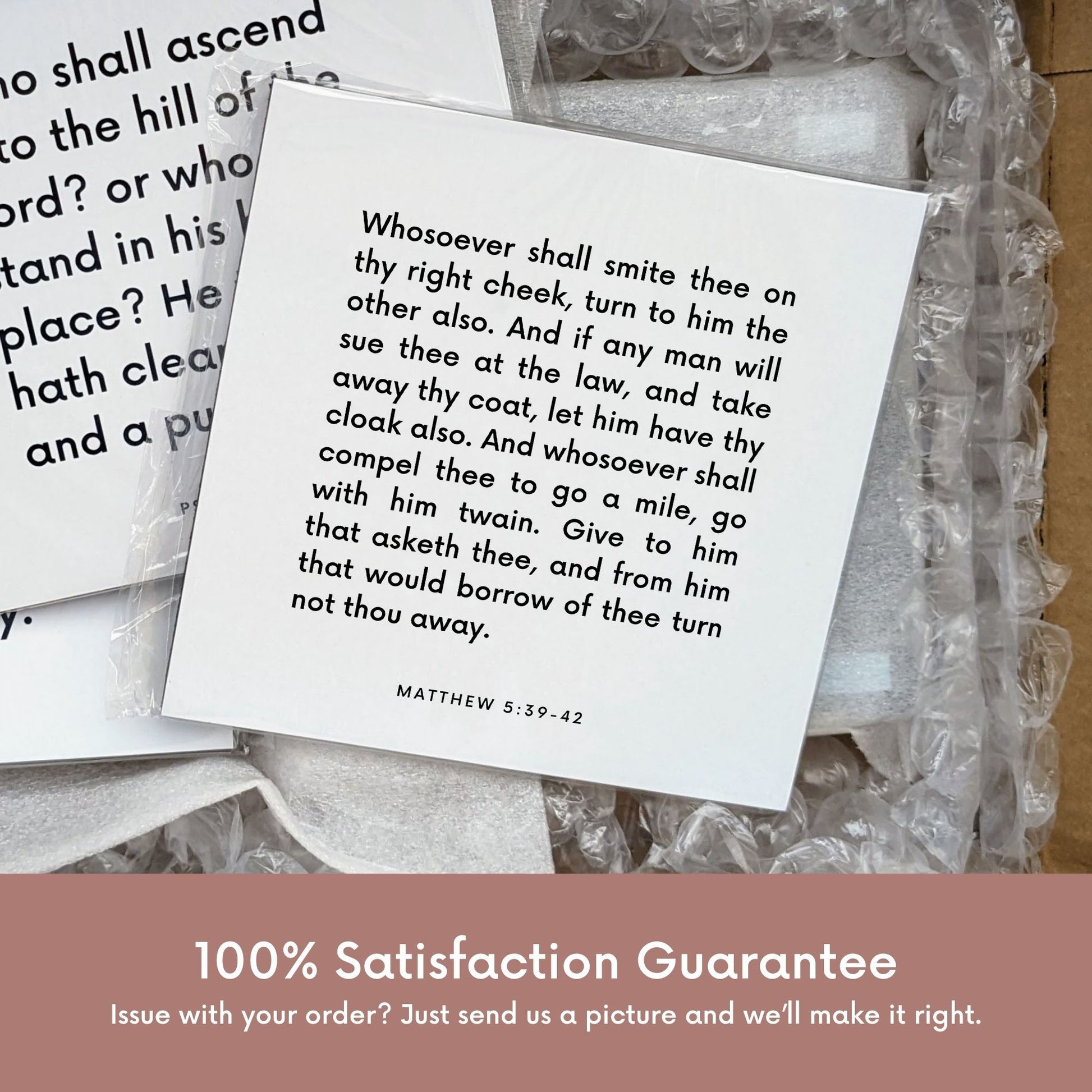 Shipping materials for scripture tile of Matthew 5:39-42 - "Whosoever shall smite thee on thy right cheek"