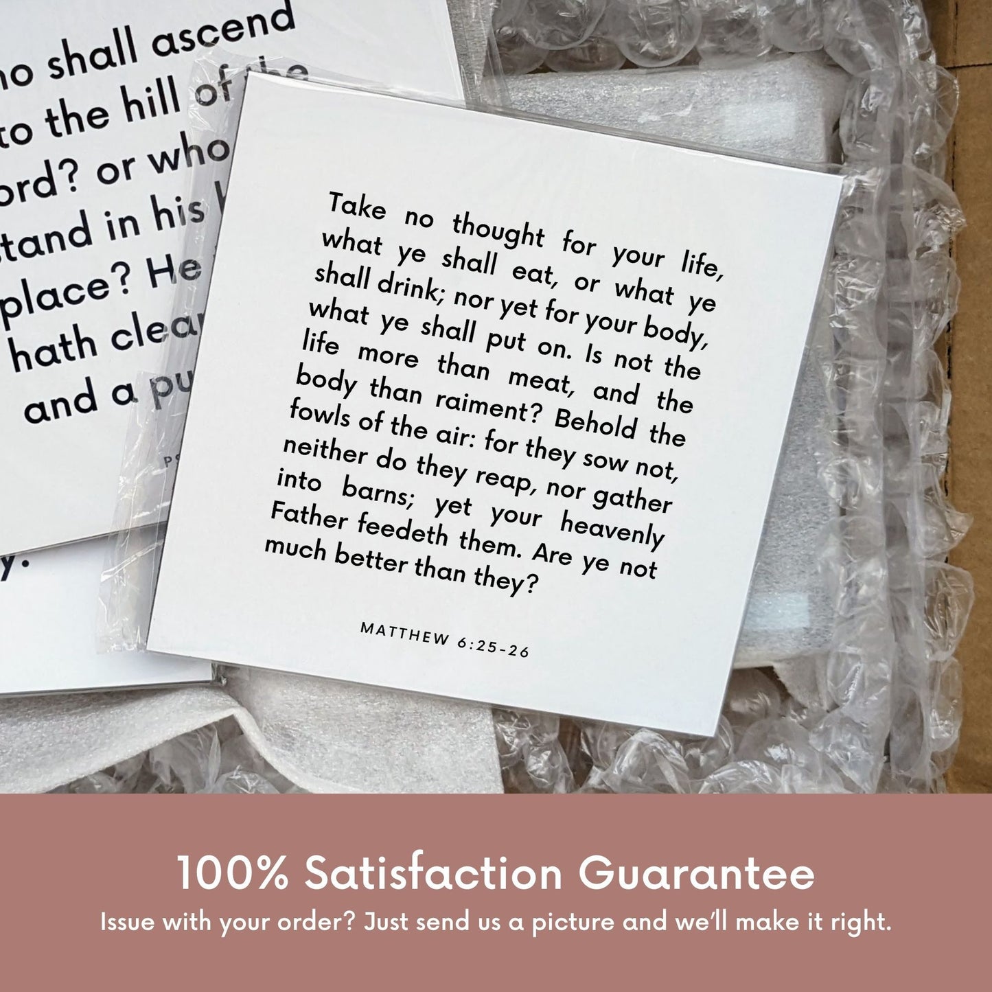 Shipping materials for scripture tile of Matthew 6:25-26 - "Take no thought for your life, what ye shall eat"