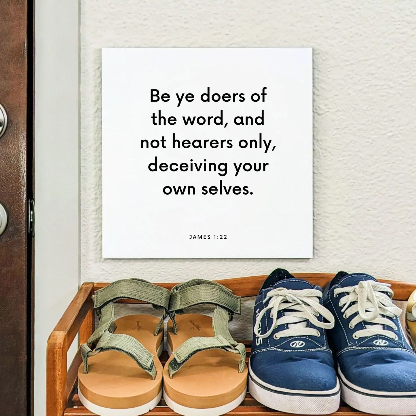 Shoes mouting of the scripture tile for James 1:22 - "Be ye doers of the word, and not hearers only"
