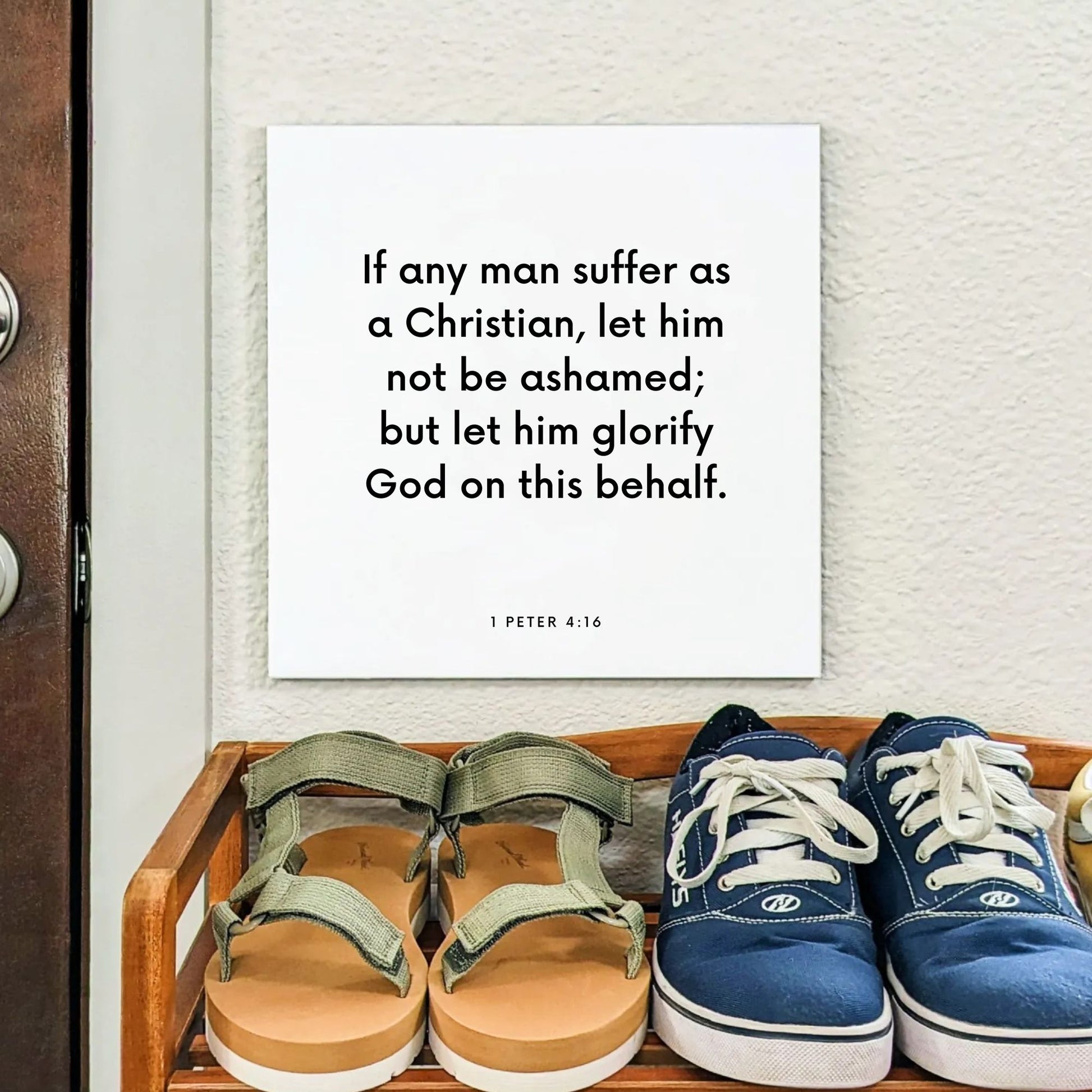 Shoes mouting of the scripture tile for 1 Peter 4:16 - "If any man suffer as a Christian, let him not be ashamed"