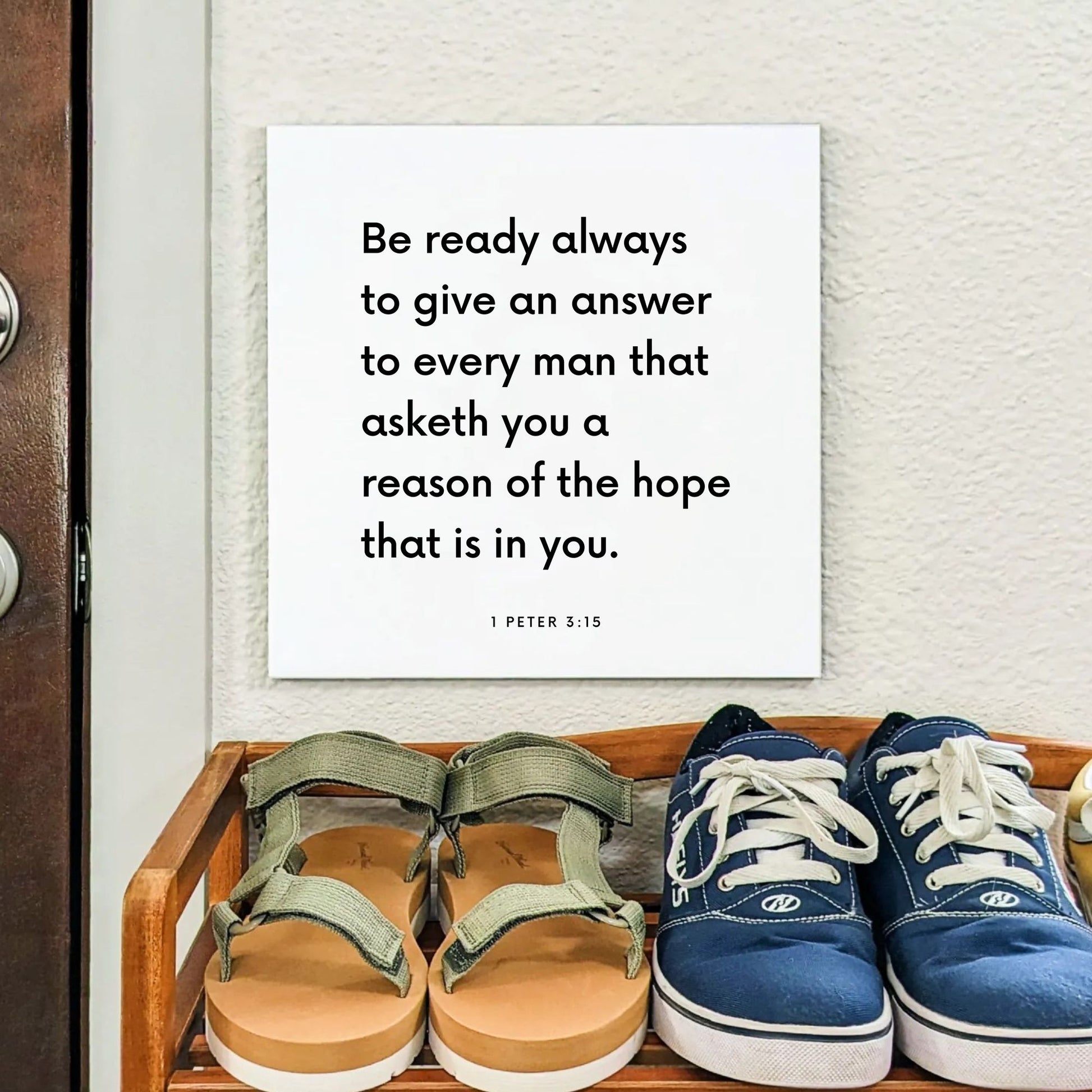 Shoes mouting of the scripture tile for 1 Peter 3:15 - "Be ready always to give an answer to every man that asketh"