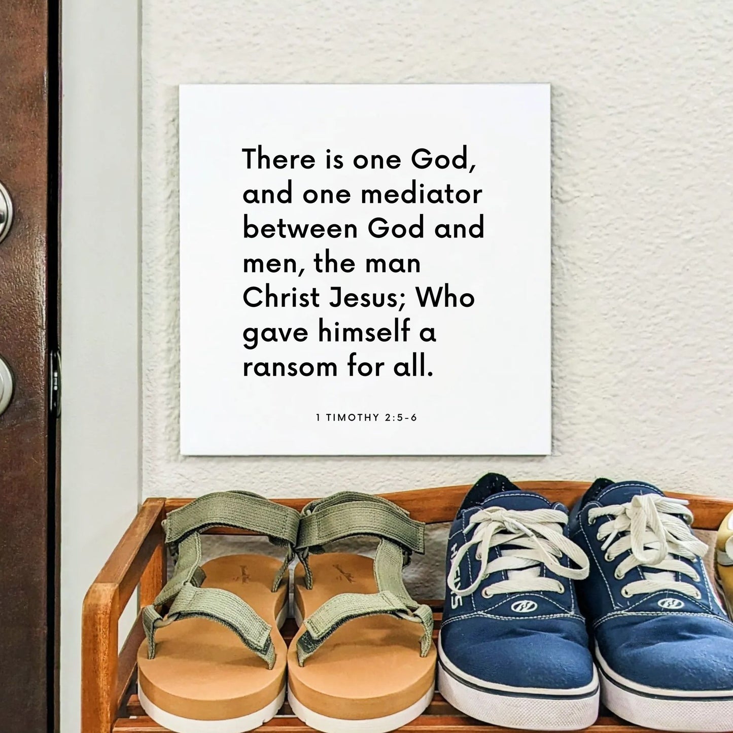 Shoes mouting of the scripture tile for 1 Timothy 2:5-6 - "There is one God, and one mediator between God and men"